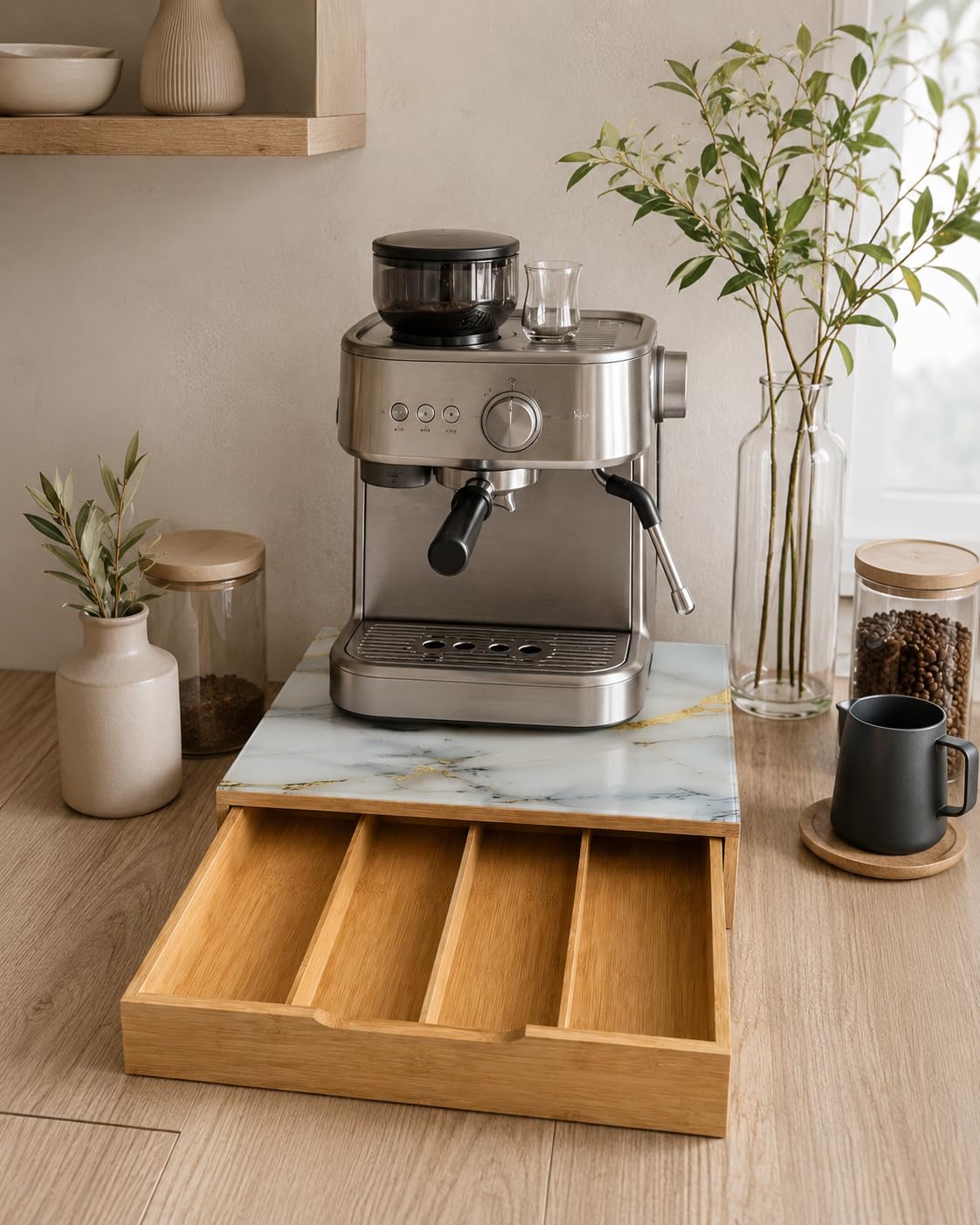 Cassetto Portacapsule in Bamboo con Piano in Vetro Effetto Marmo – Organizer Capsule Caffè 4 Scomparti, Porta Capsule e Cialde, Salvaspazio per Cucina e Coffee Station