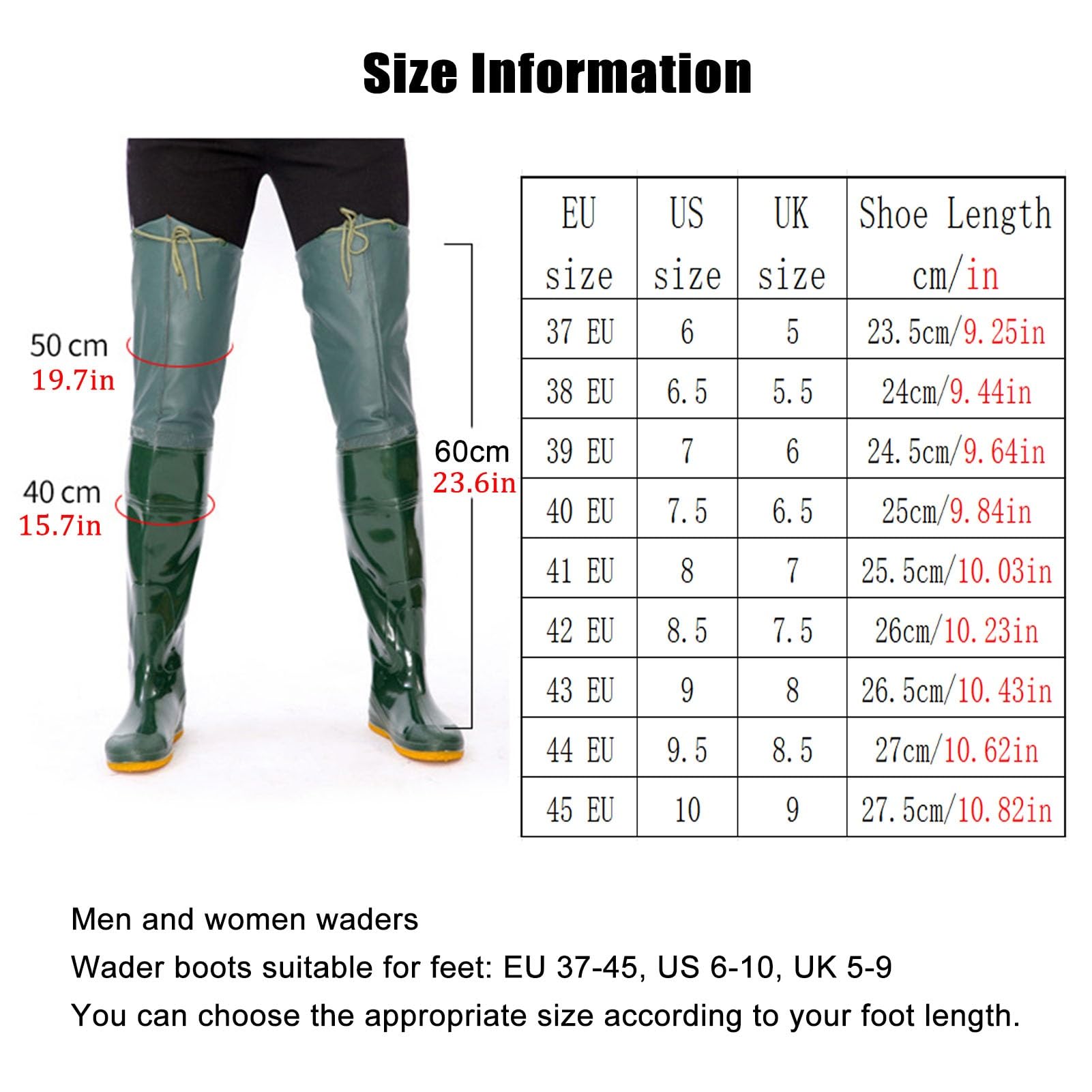 Trampolieri per Anca Stivali da Pesca Impermeabili in PVC da Uomo e Donna, Stivali da Pesca Leggeri con Suola chiodata, Stivali da Pesca Alti Fino al Ginocchio da 60 cm(7 UK)