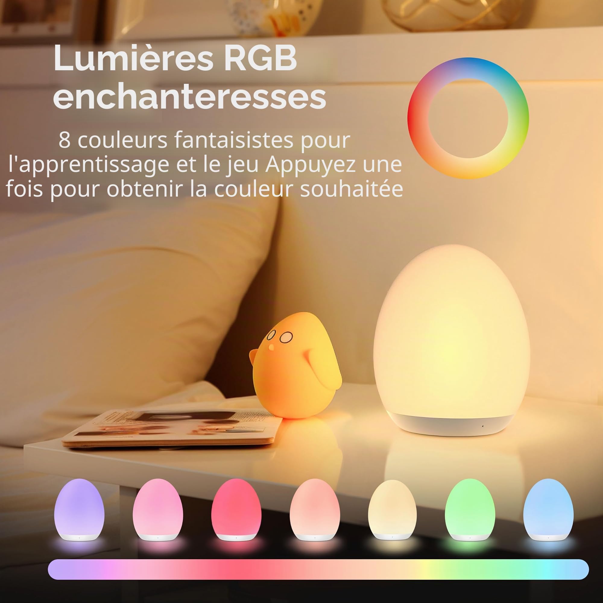 Veilleuse pour enfants, veilleuse pour bébé avec 8 modes de changement de couleur et fonction de gradation, veilleuse œuf rechargeable pour bébé avec minuterie d'une heure et contrôle tactile