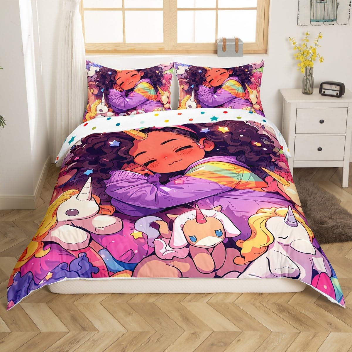 Black Girls Twin Bedding Sets for Girls,Cartoon Unicorn Comforter Cover American African Kids Duvet Cover,Afro Hair Girl Princess Melanin Bed Set Magical Animal Dreamy Horse Kawaii Room Decor