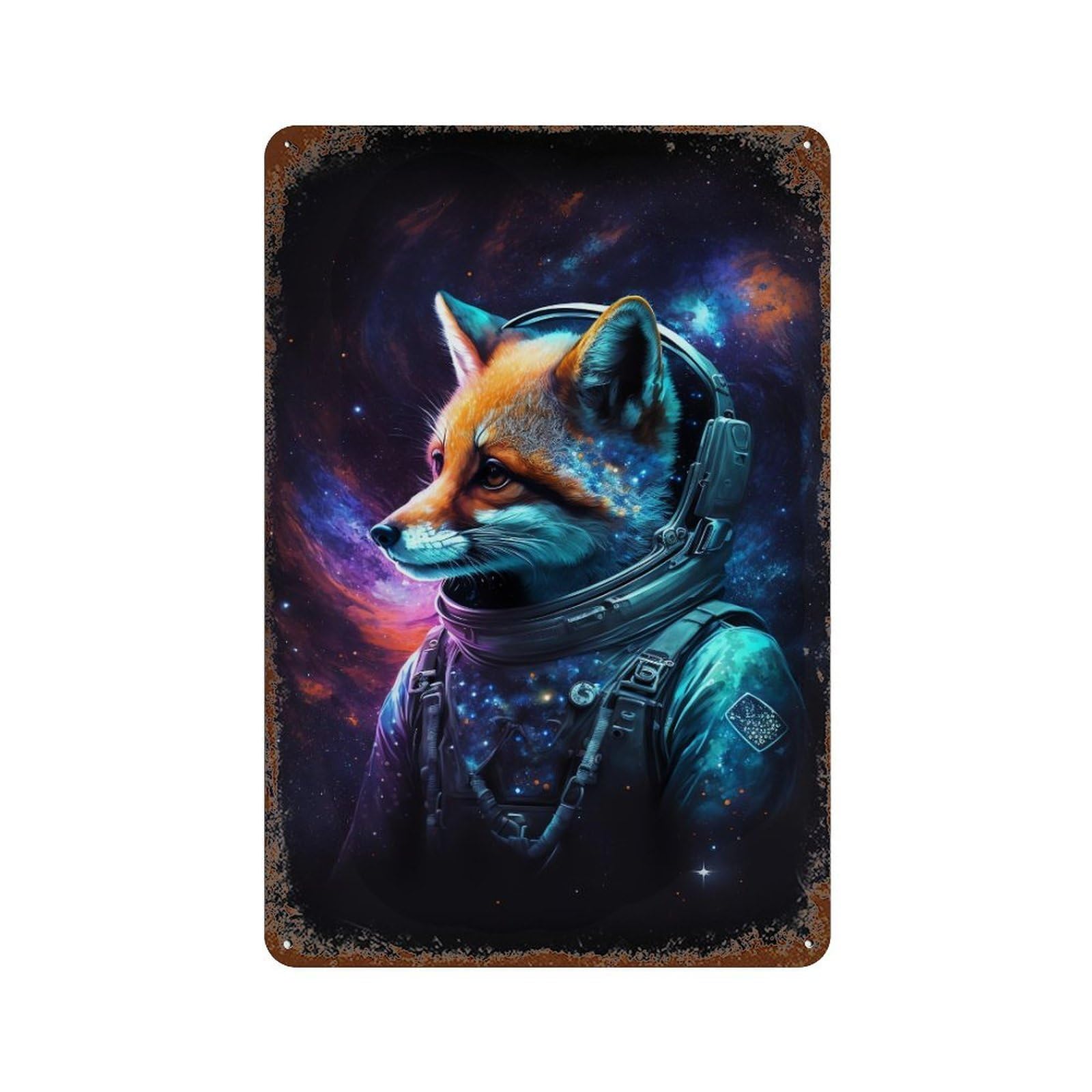 Garage Style Cosmic Fox Astronaut Art Print-7 Decorative Tin Sign 11.8"x7.9", Novelty Wall Decor for Bar And Workshop