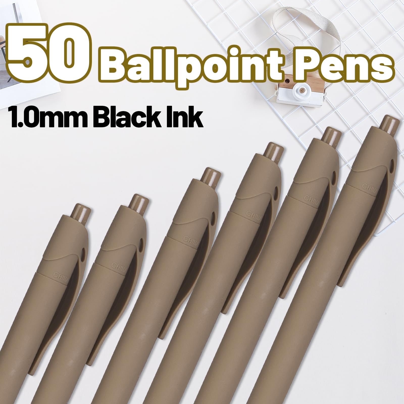 Bolígrafos, paquete de 50 bolígrafos (tinta negra), bolígrafos a granel, barril de café marrón, bolígrafos de clic para oficina, hogar y escuela, bolígrafos retráctiles, punta media, 1.00 mm