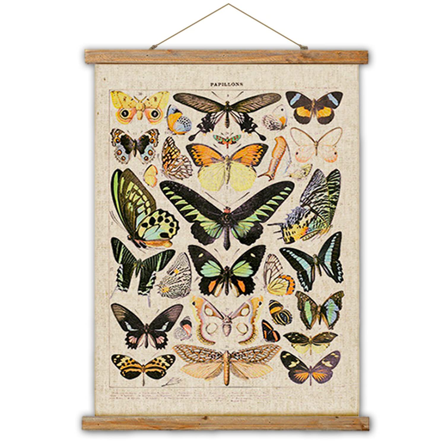 Vintage Butterflies Hanging Poster, Retro Style of Wall Art Prints, Printed on Linen with Wood Frames, Ready to Hang