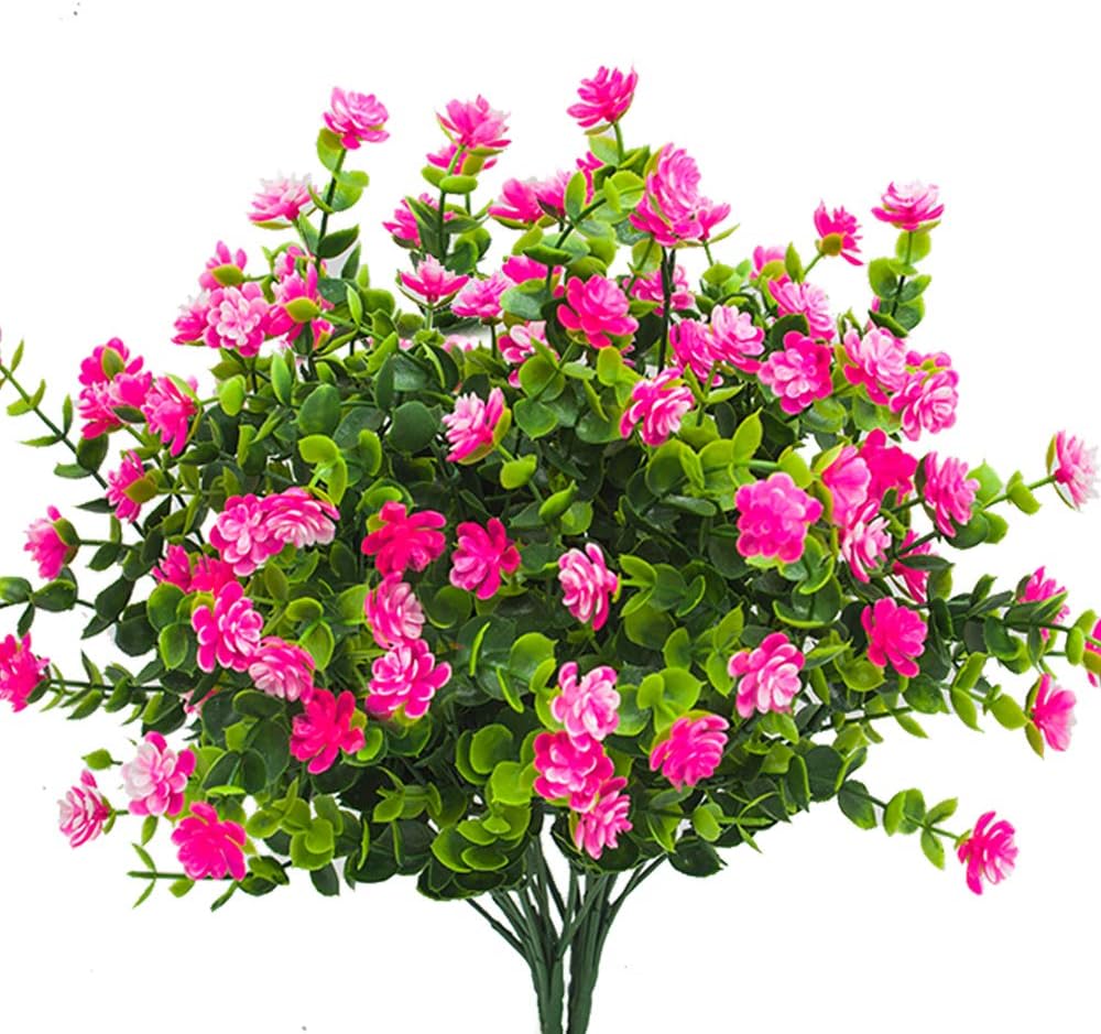 Grunyia Artificial Flowers, Fake Outdoor UV Resistant Plants Faux Plastic Greenery Shrubs Indoor Outside Hanging Planter Home Kitchen Office Wedding, Garden Decor (Pink)
