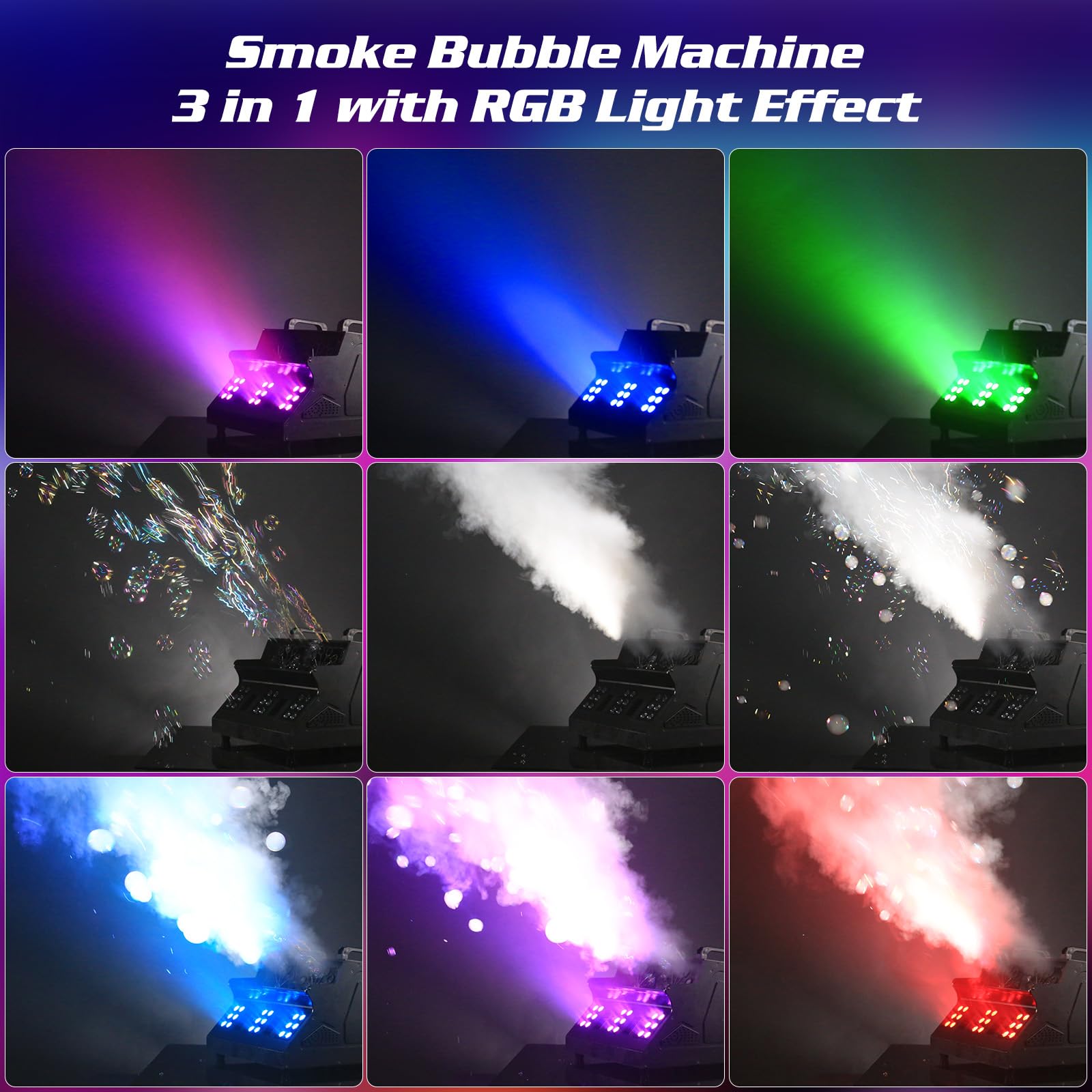 1500W Nebelmaschine mit Blasen & Fernbedienung, Seifenblasenmaschine RGB 18 LED Effekten Seifenblasen Maschine für Party, DJ, Halloween, Weihnachten, Hochzeit