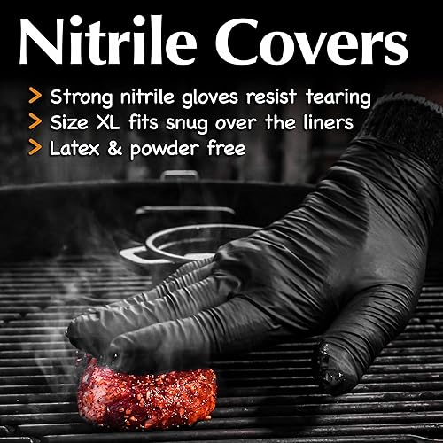 Miniatura 4 de Kit de guantes de parrilla – 2 forros resistentes al calor – 30 guantes de nitrilo negro – Guantes desechables para barbacoa con forros lavables