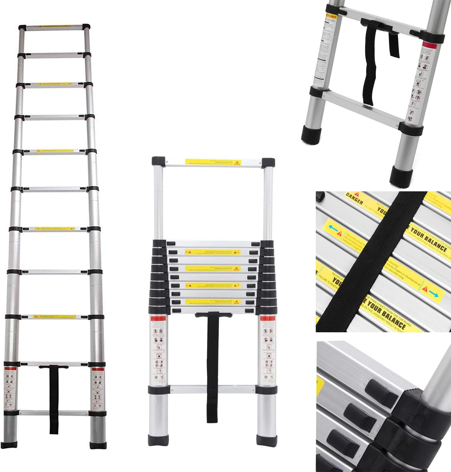 10.5Ft/3.2M Aluminum Telescopic Ladder Safe and Stable Extend Attic Stairs Easy to Carry