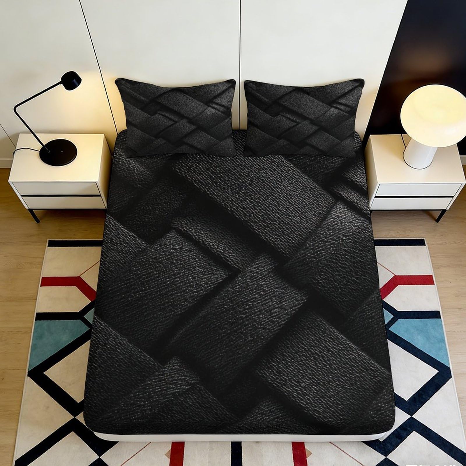 3D Printed Black Textured Fitted Sheet Microfiber Soft Durable 3D Geometric Bed Cover for Bedroom Dormitory Guest Room Mattress Protection 180x200x25cm