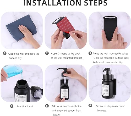 Miniatura 4 de Nobtou Dispensadores de jabón montados en la pared para baño, juego de soportes de jabón de manos negros de 8.5 onzas con bombas y soportes de