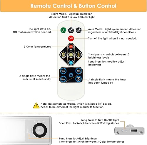 Miniatura 4 de Luz de 44 LED con sensor de movimiento para debajo del gabinete, control remoto de 3 colores de temperatura regulable, luz magnética recargable para