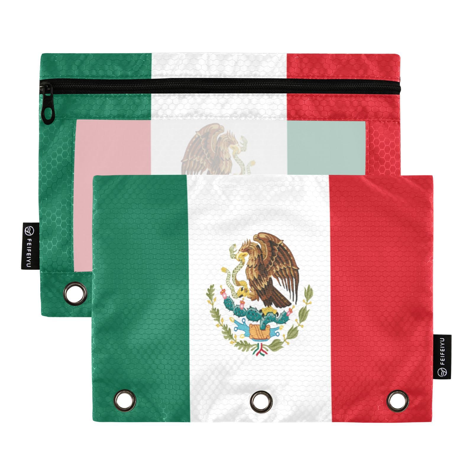 Fisyme Mexico Flag Pencil Pouch for 3 Ring Binder Pencil Case Pencil Bag Zipper Pouch with Clear Window for Office Supplies 2 Pack