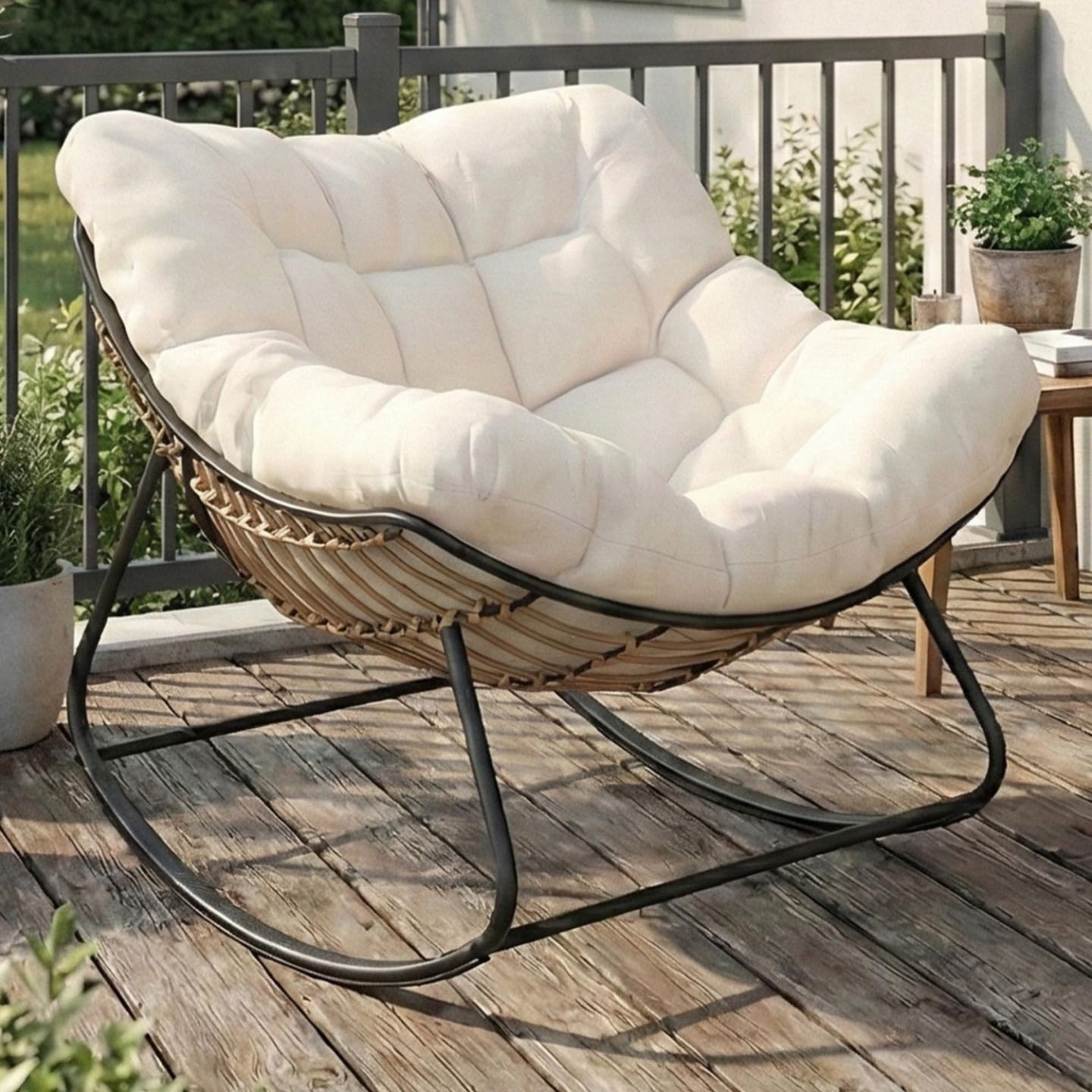 IDMarket - Fauteuil de Jardin à Bascule LOA Effet rotin avec Coussin écru