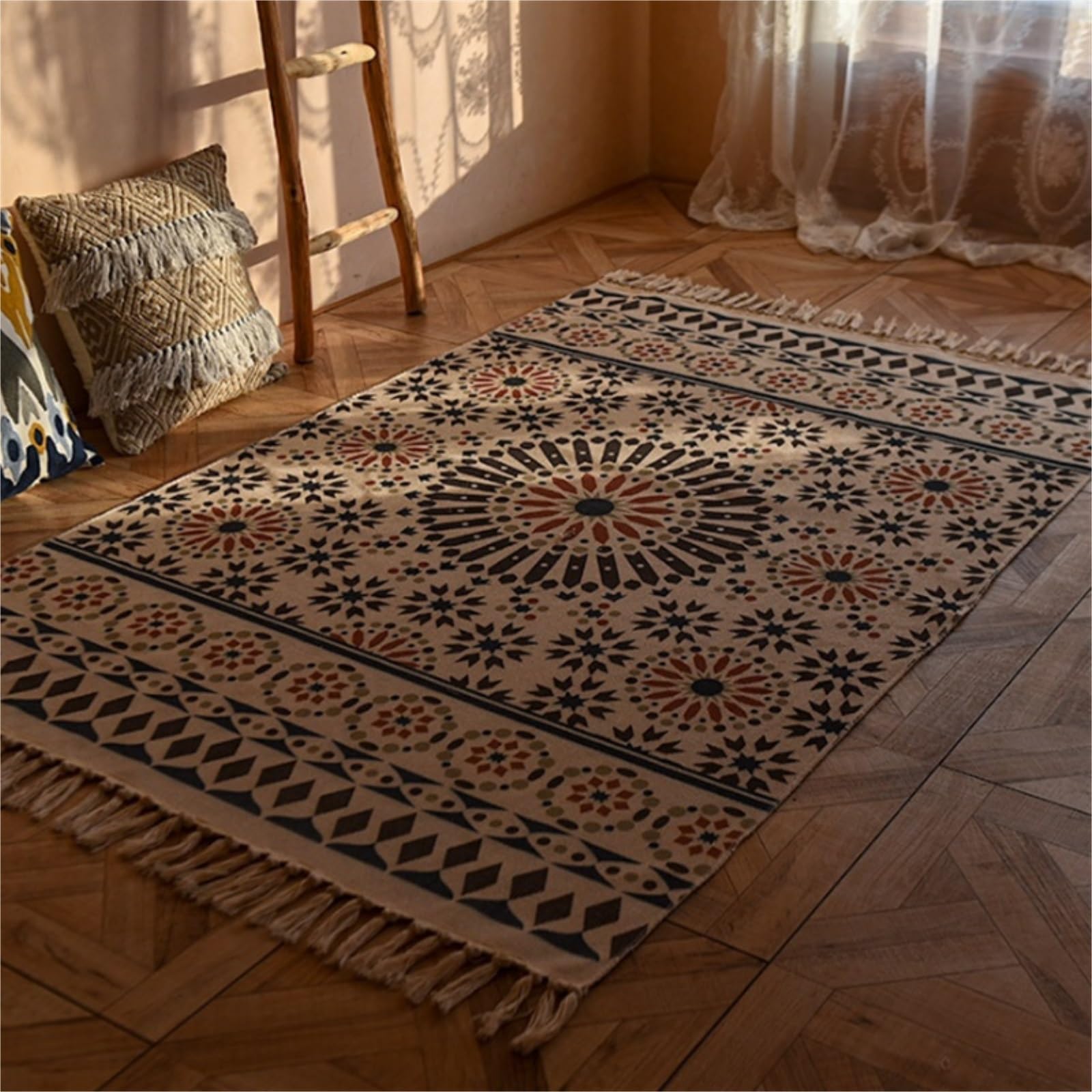 Tappeto con nappe marocchine, in cotone, decorazione per la casa, ingresso, interni, bagno, tappetino da bagno ed elegante, 120 x 170 cm