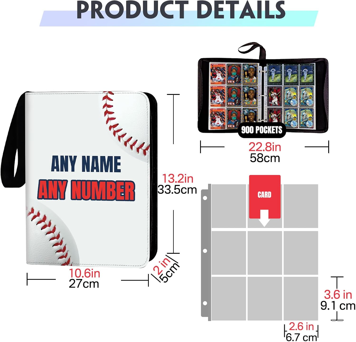 Custom Baseball Card Binders Up to 900 Pockets - Sports Trading Cards Holder with 50 Sleeves - Personalize Your Name Number Text for Baseball Collectors Boys Girls Gift