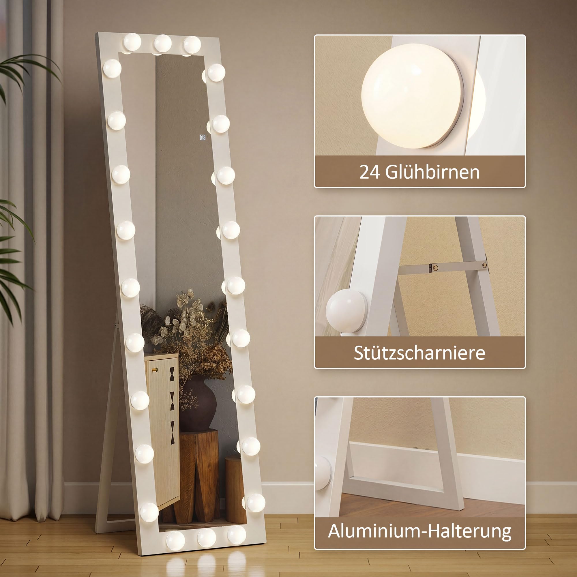 HOMCOM Specchio a figura intera 150 x 40 cm Specchio a LED con 24 lampadine 3 colori di luce dimmerabili Specchio da parete con interruttore a sfioramento, funzione memoria specchio reclinabile per