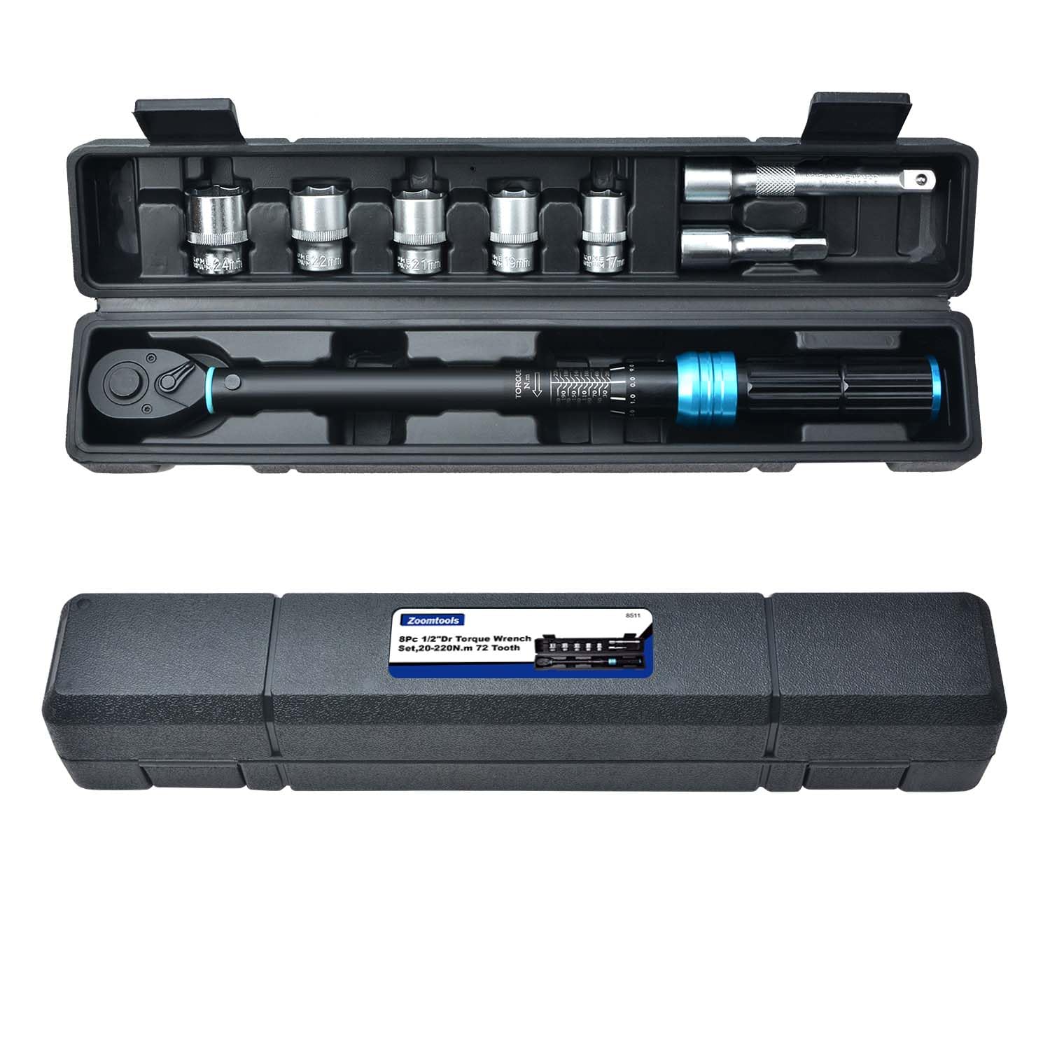 Zoomtools 8pc 1/2" Adjustable Torque Ratchet Wrench Set 20-220Nm ±3% Error Accuracy,with Lock and 72 Teeth, 3"& 5" Extensions, 17-19-21-22-24mm Sockets for Car, Motorcycle,Truck,Motorbike