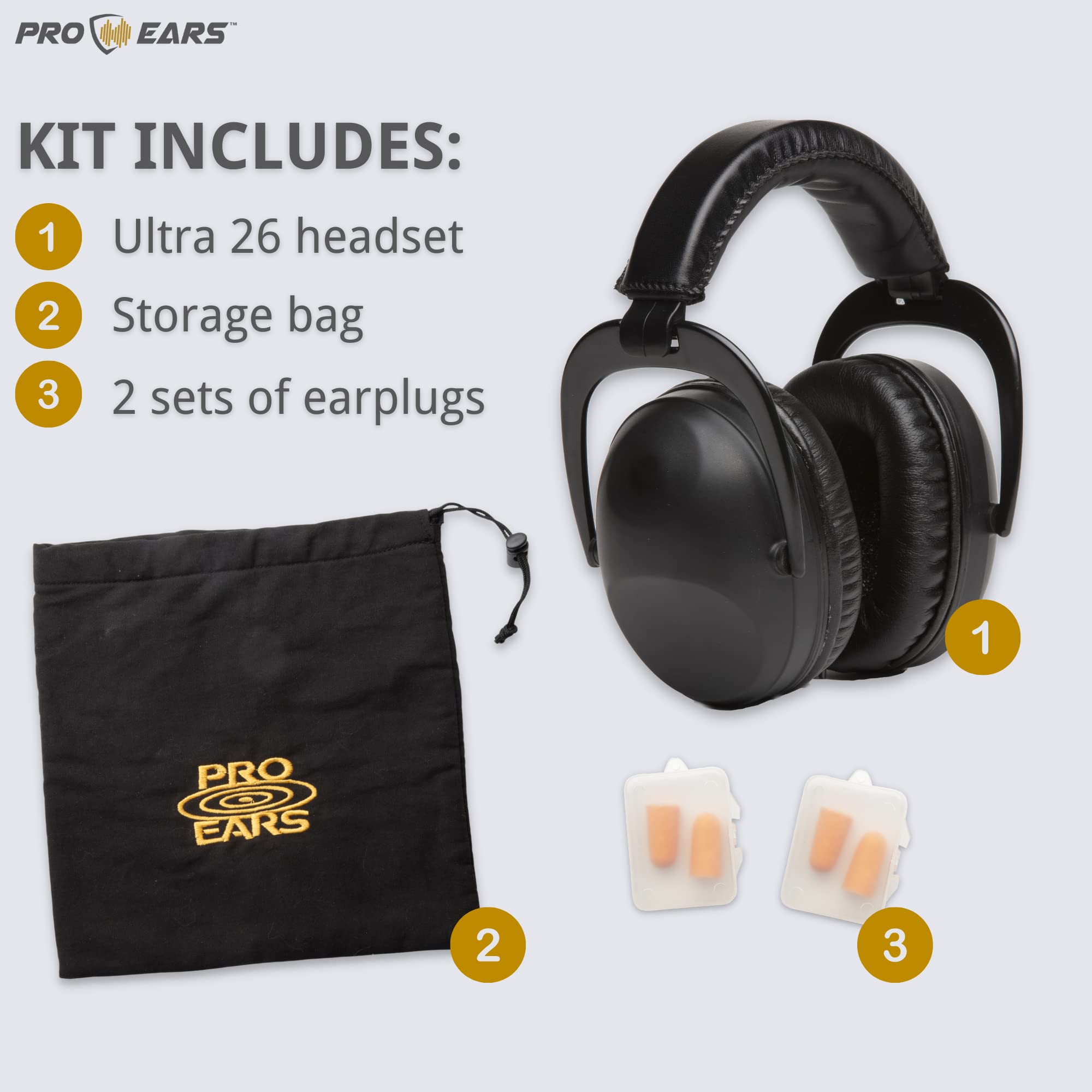 Pro Ears Ultra 26 MRI Kit, orejeras de protección auditiva segura para resonancia magnética, tapones para los oídos y bolsa de almacenamiento, NRR 26 dB