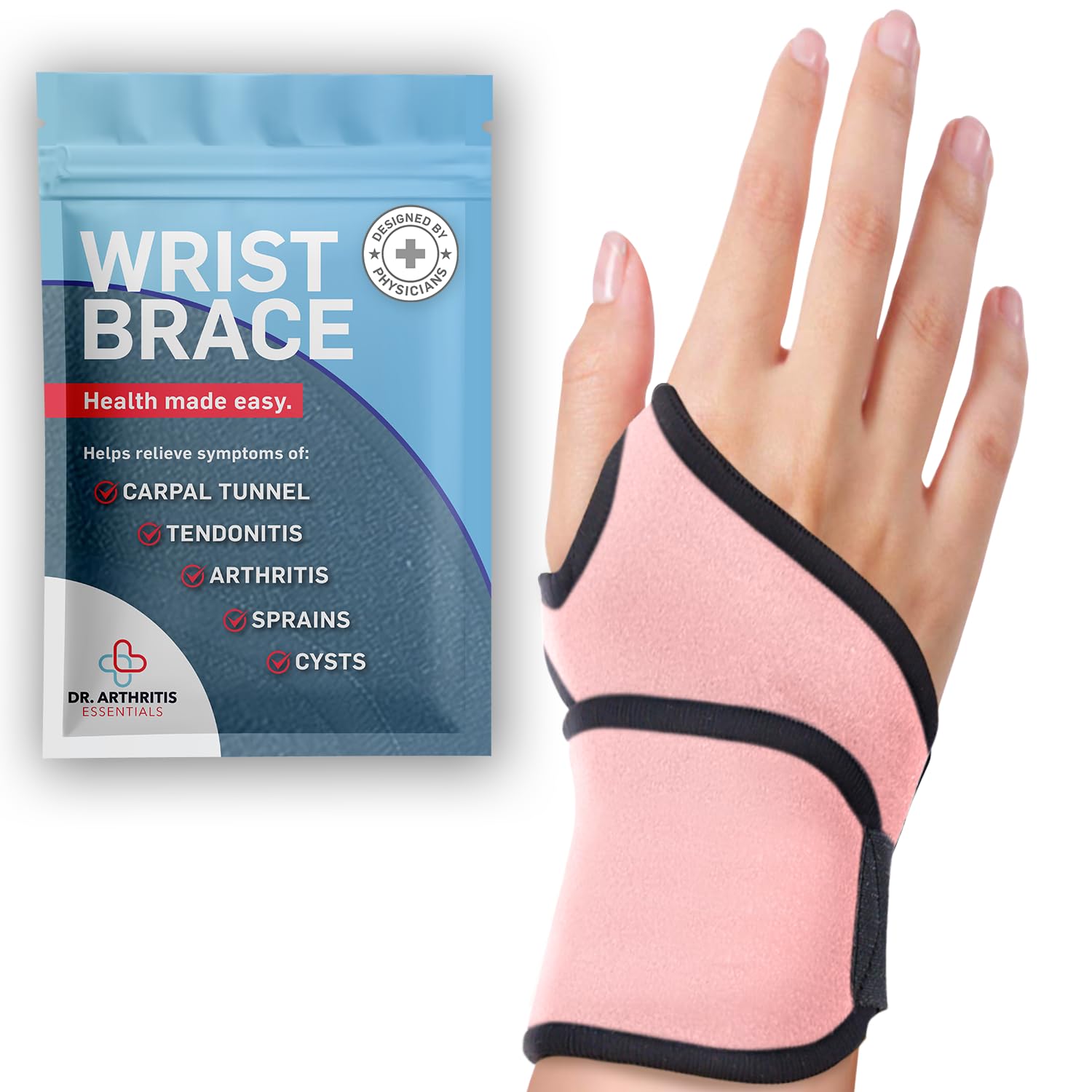 Dr. Arthritis Essentials Wrist Brace, Adjustable Wrist Wraps for Stability & Comfort, Neoprene & Nylon Hand Brace for Work, Sports, Weightlifting, Typing & Daily Use (Pink, Single)