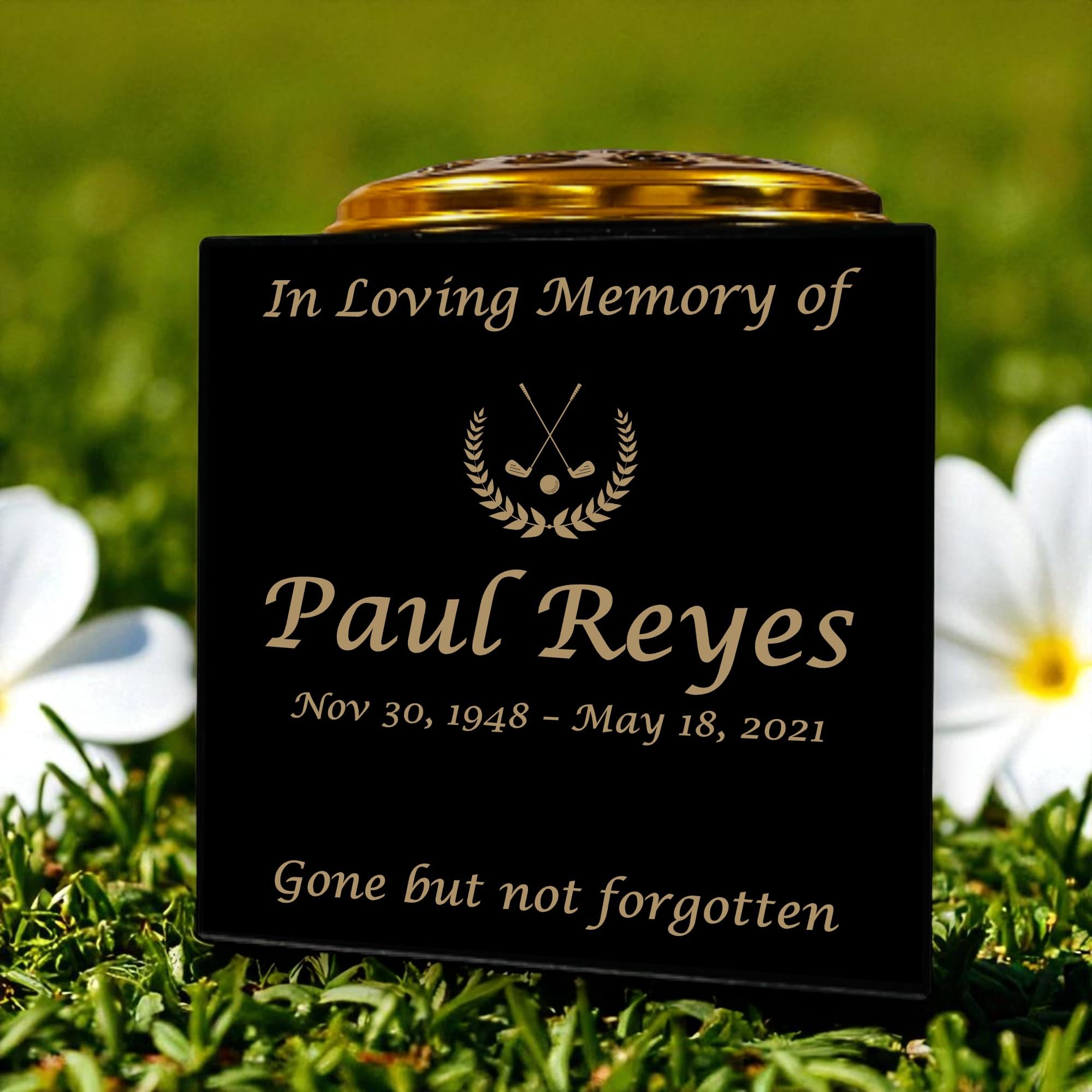 Personalised Granite Memorial Vase- Solid Granite – Golf Design - Free Gold Engraving and Gold Metal Flower Insert- Best for Outdoor Cemetery Use (6 x 6 x 6)