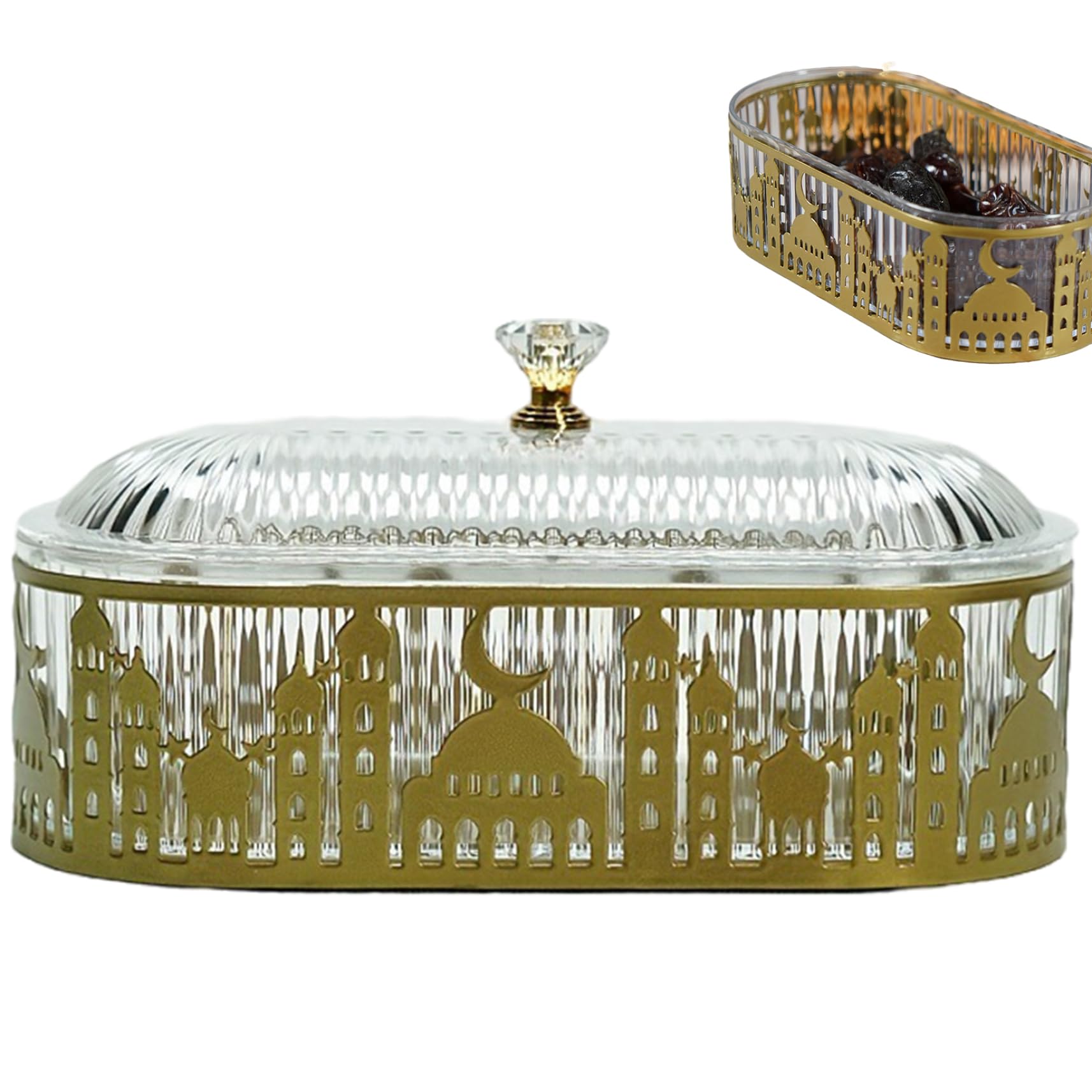 Ramadan Tray 7.20x3.54x3.54in Oval Castle Gold Iron Serving Tray with Lid Ramadan Decorations for Home Table Party HOME.