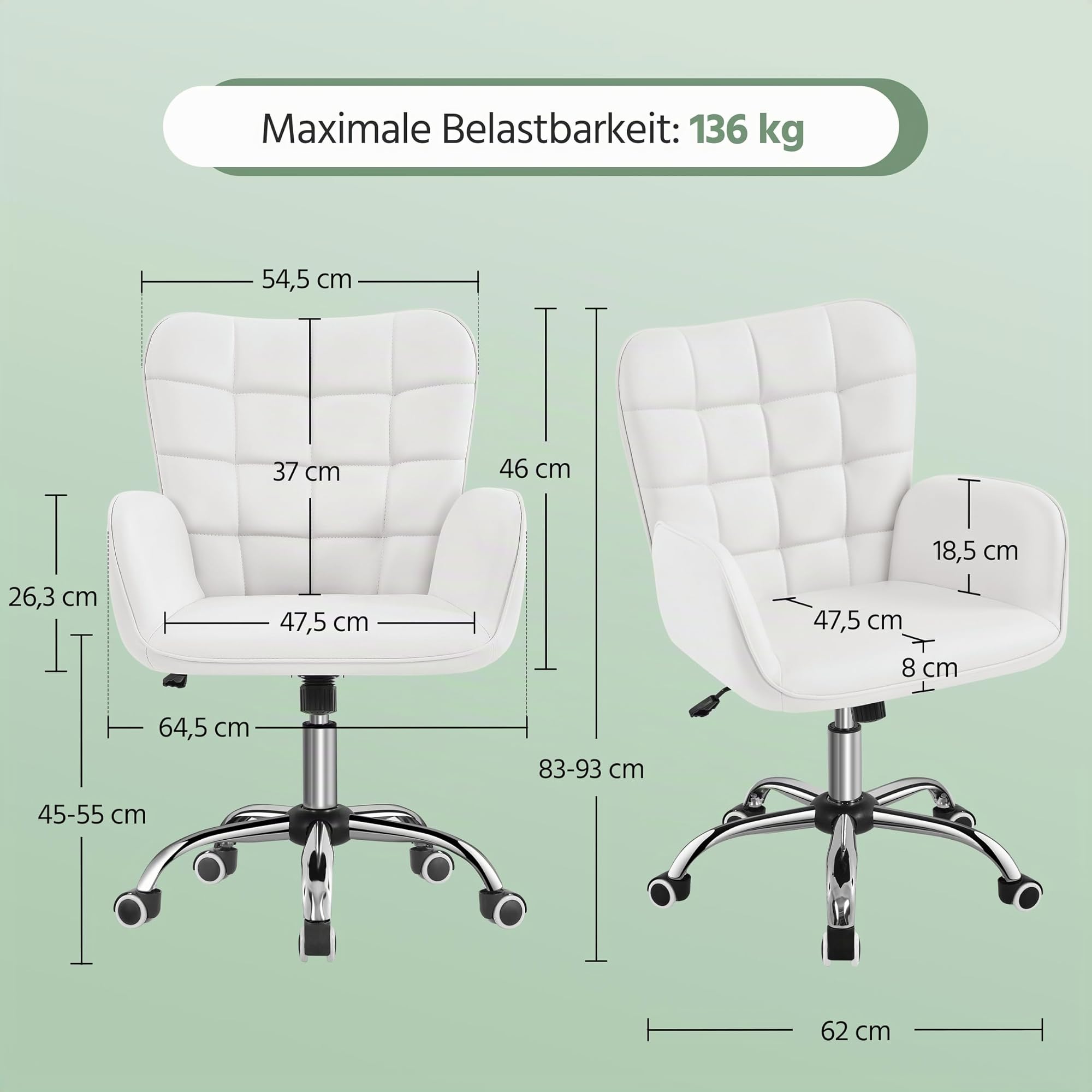 Yaheetech Bürostuhl Ergonomischer Schreibtischstuhl Bürohocker Arbeitsstuhl Drehstuhl höhenverstellbar Polsterstuhl Computerstuhl mit Armlehne und Rollen bis 136 KG belastbar Weiß