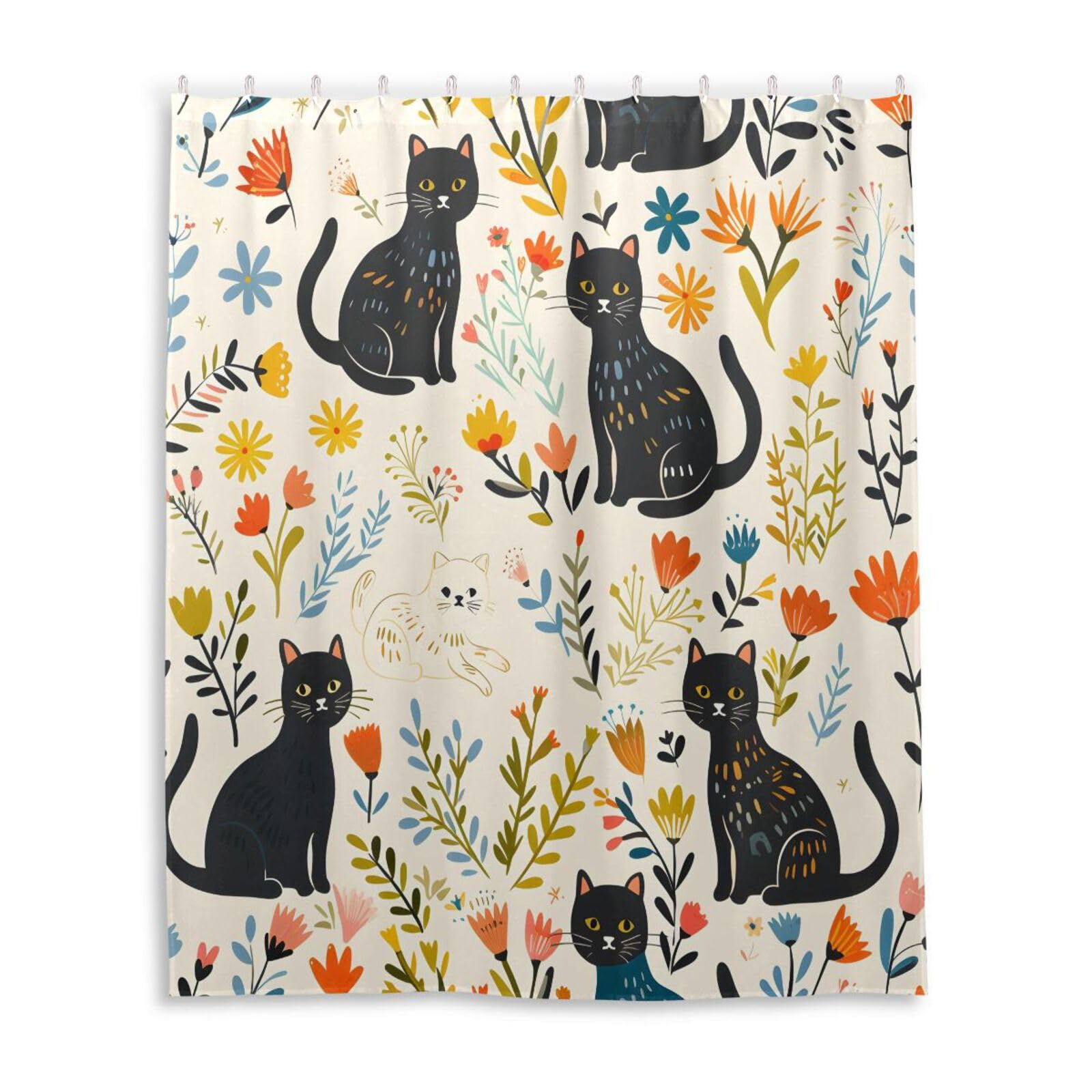 DUOBU Cat Flowers Shower Curtain Washable Waterproof Fabric Bath Curtain 60x72Inch Shower Curtains with Hooks for Bathroom Decor