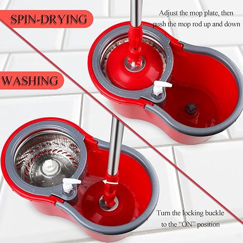 Miniatura 5 de Juego de trapeador giratorio y cubo, trapeador y cubo con escurridor, kit de mopa giratoria de 360° con 2 cabezales de repuesto de mopa de
