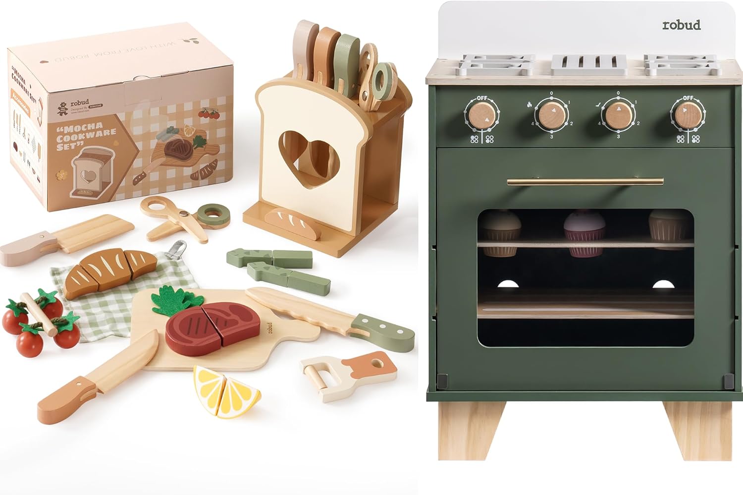 ROBUD Vintage Wooden Toy Oven Bundle with Play Kitchen Knife Set, Wooden Cooking Playset, Montessori-Inspired Pretend Kitchen Toys for Toddlers