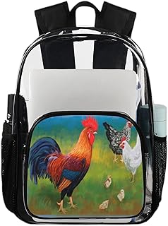 Mochila transparente de galo colorido para livros, resistente com bainha de galo de fazenda, mochila transparente à prova d'água de PVC com alça de ombro reforçada para escola, trabalho, viagens, Multicor