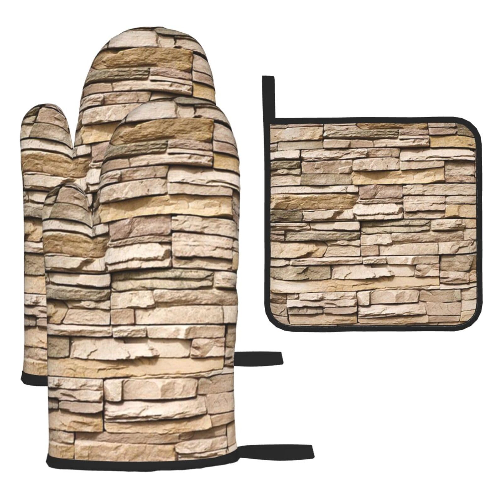 Rustic Rocks Brick Wall Print Oven Set Kitchen Gloves Baking Grilling Microwaving Cooking Gift Everyday Holiday