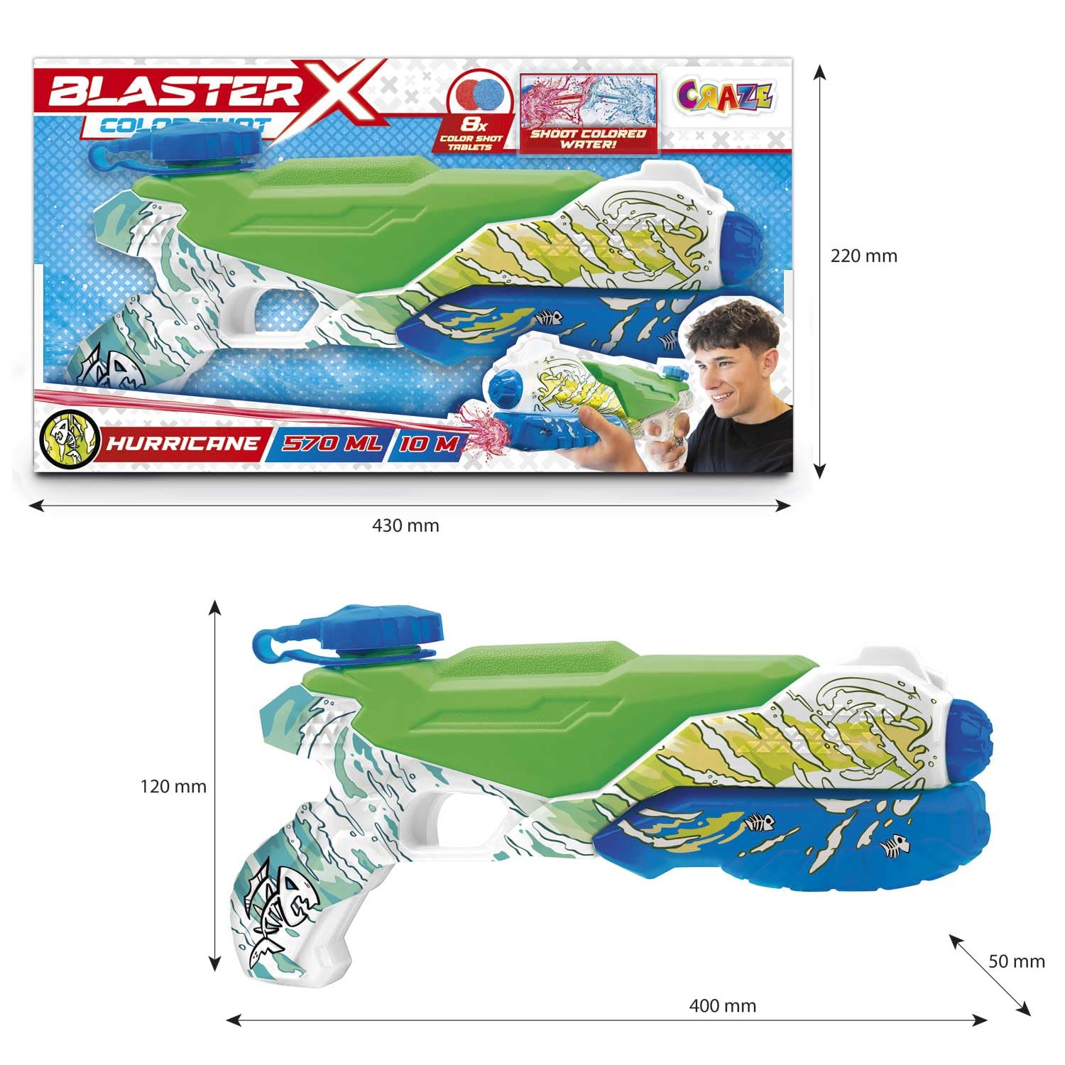 CRAZE Blaster-X Water Guns Large – pistolet na wodę dla dzieci 40 cm, pistolet natryskowy na wodę z kolorowymi tabletkami, zasięg strzału 10 m, zabawka do walki wodnej