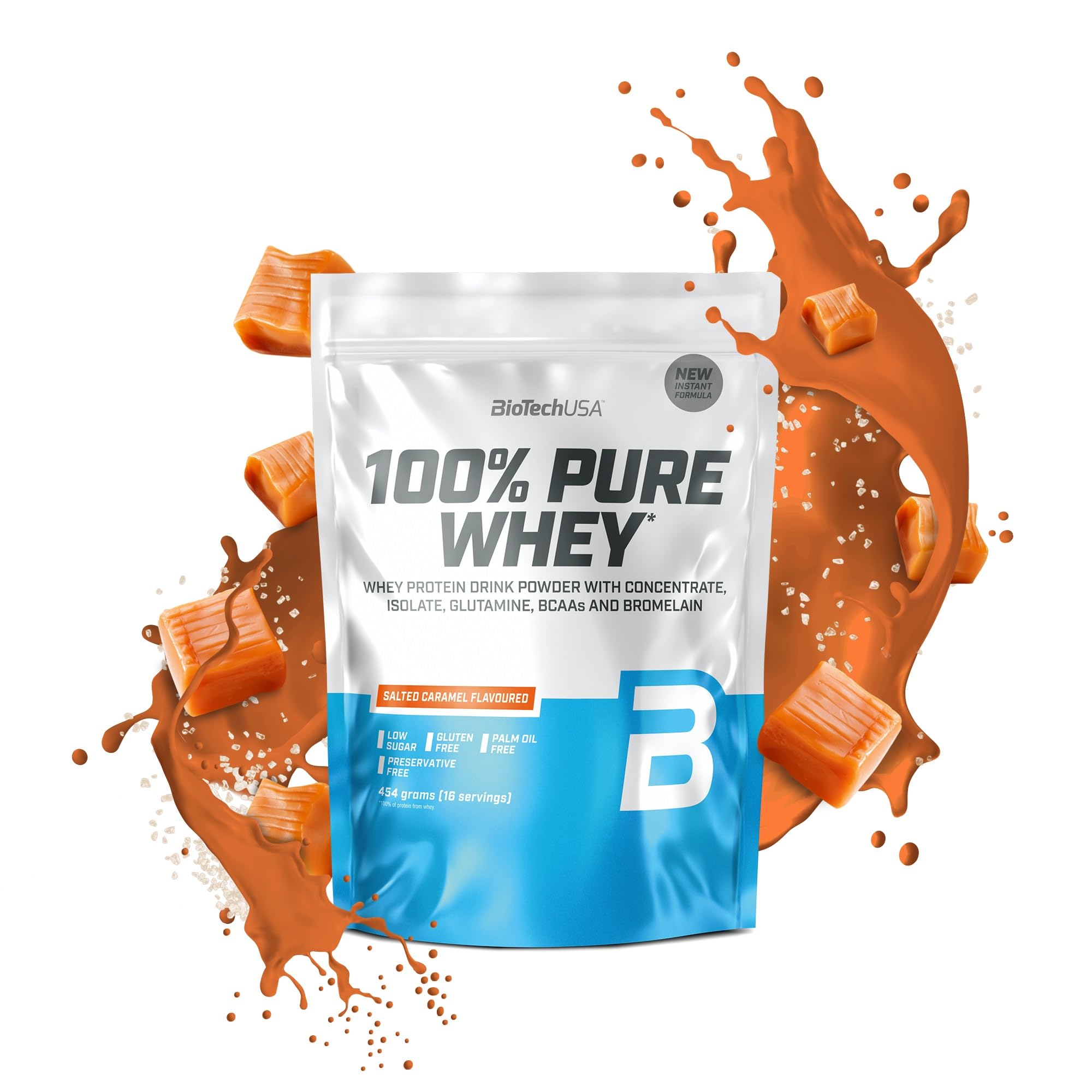 BioTechUSA 100% Pure Whey | Protein Powder with BCAA and Glutamine | Gluten-Free, Palm Oil Free | 21g Protein per Serving, 454 g, Salted Caramel