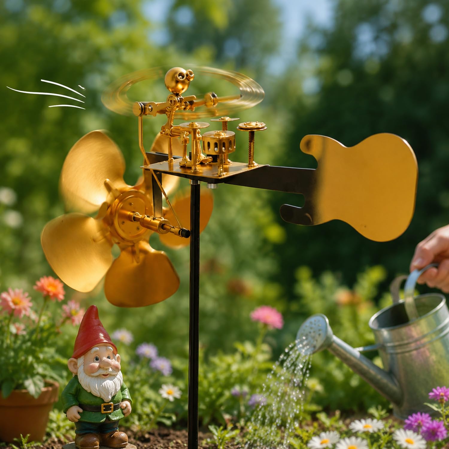 Handmade Metal Drummer Windmill, Wind Spinner Kinetic Rock Band Sculpture, Weather-Resistant Iron Wind-Powered Garden Art, Outdoor Music Figurine Statue for Yard Lawn Patio, Gift for Drummers