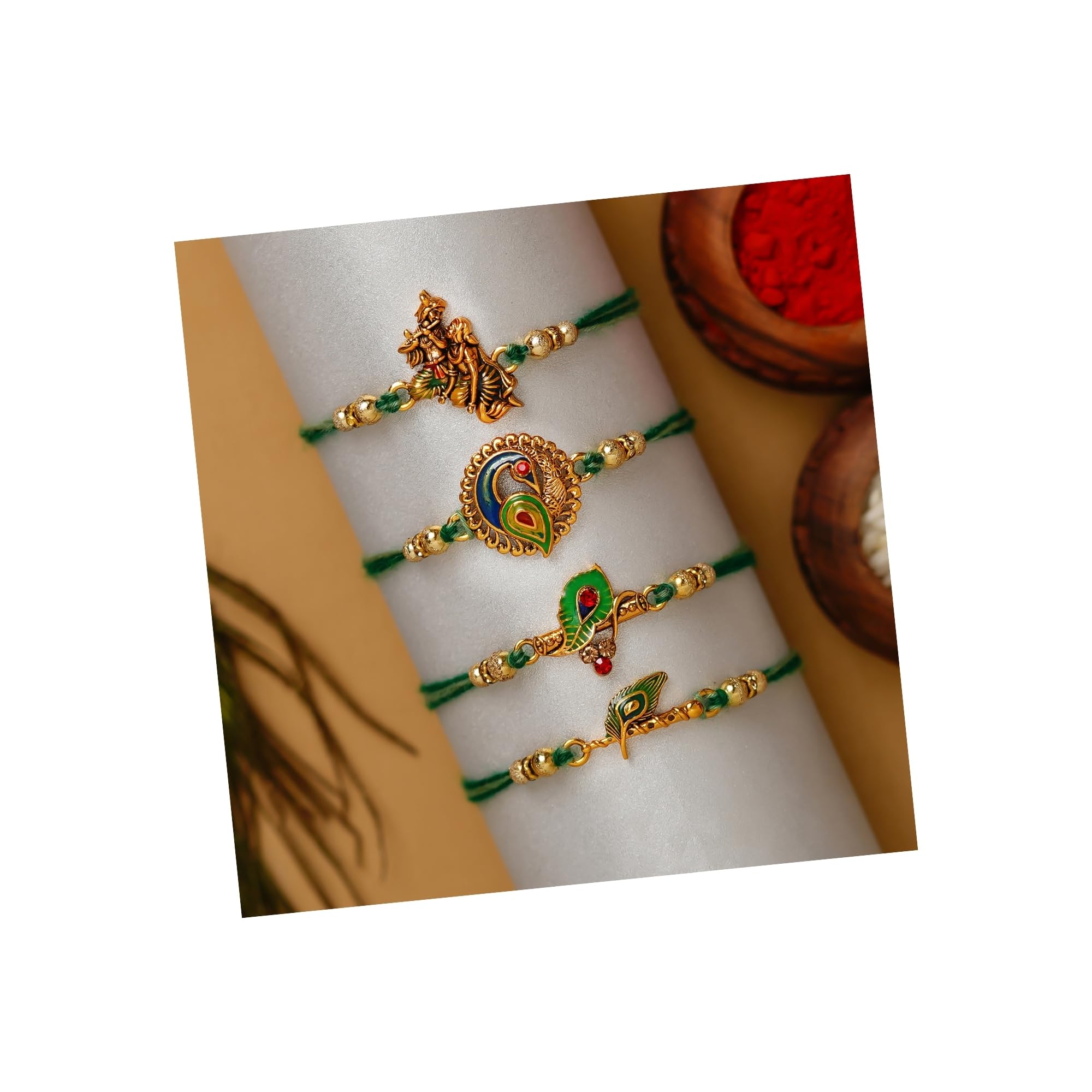 eCraftIndia Multicolor Set of 4 Radha Krishna Playing Flute, Peacock, Krishna Flute, Peacock Feather Designer Religious Rakhis with Roli Chawal Pack - Rakhi for Brother, Bhaiya, Bhai (B0B5DL91B1) Amazon Price History, Amazon Price Tracker