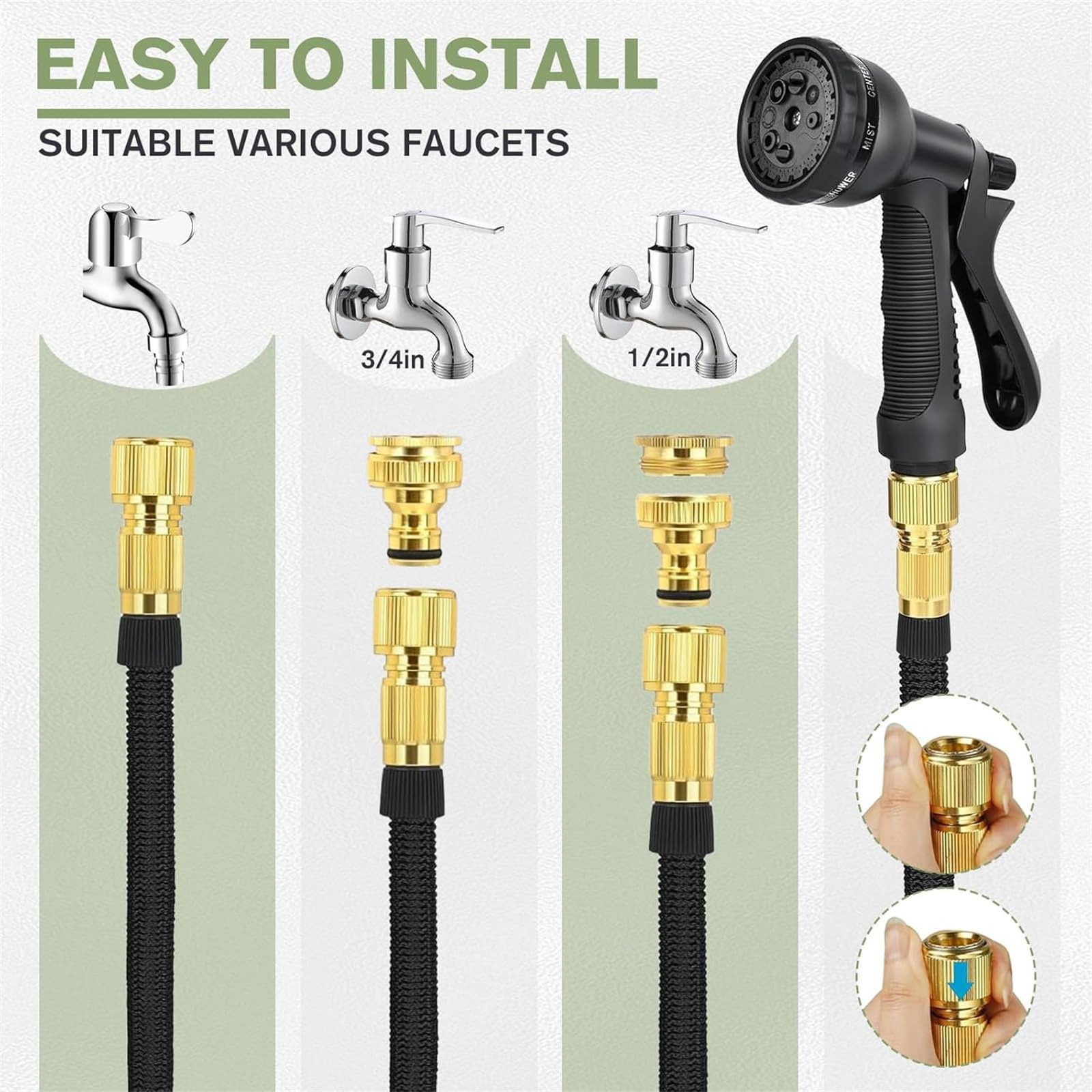 Manguera Jardin Extensible 7.5 Metros, Manguera Extensible con Pistola Rociadora de 8 Funciones, Conectores de Latón de 3/4",1/2" Sin Enredos Ideal para Jardinería y Hogar