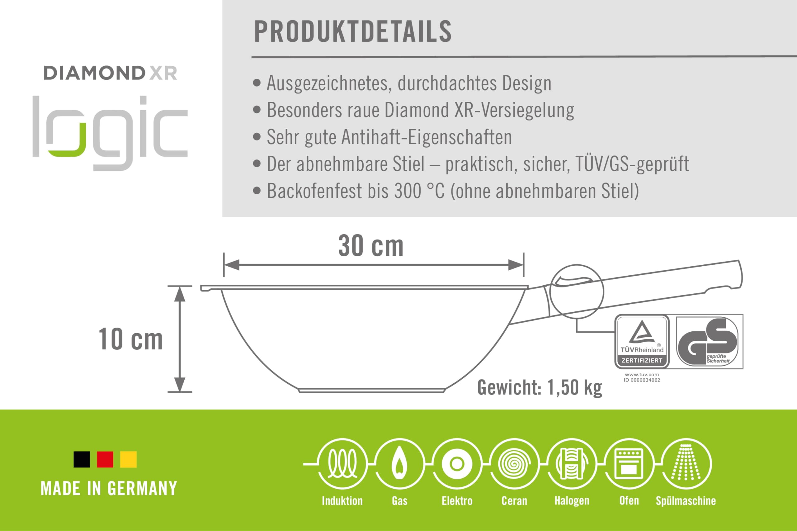 Woll Diamond Logic XR Wok- und Rührpfanne - Induktiv -, Ø 30 cm, 10 cm hoch, mit abnehmbarem Stiel - Geeignet für alle Herdarten, Aluminiumguss, Antihaft-Versiegelung, backofenfest, schwarz