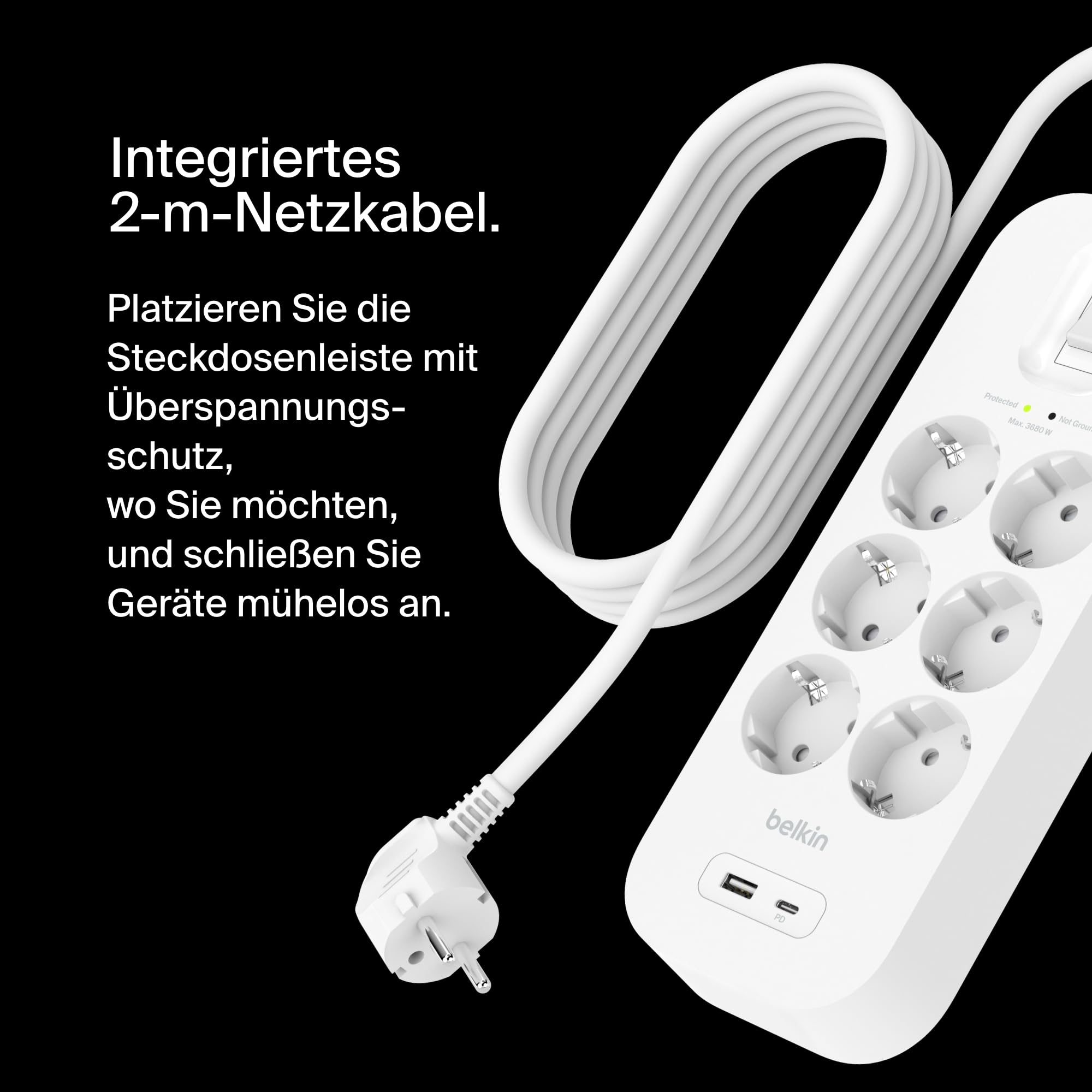Belkin 6-Fach Steckdosenleiste, Überspannungsschutz, USB-C, USB-A, 2m-Kabel | Verlängerungskabel mit USB-C- + USB-A-Ports, Wandmontage, Mehrfachsteckdose 6fach, 2-m-Netzkabel, 650 J, Kontrollleuchte