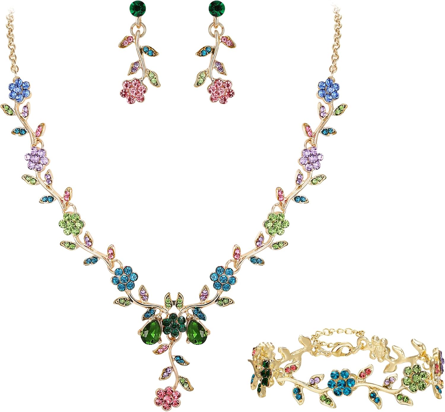 BriLove Women's Leaf Cluster Flower Crystal Dangle Earrings Pendant Necklace Bridal Jewelry Set