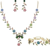 BriLove Women's Leaf Cluster Flower Crystal Dangle Earrings Pendant Necklace Bridal Jewelry Set