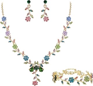 Women's Wedding Jewelry Leaf Cluster Flower Crystal Dangle Earrings Pendant Necklace Set for Bridal