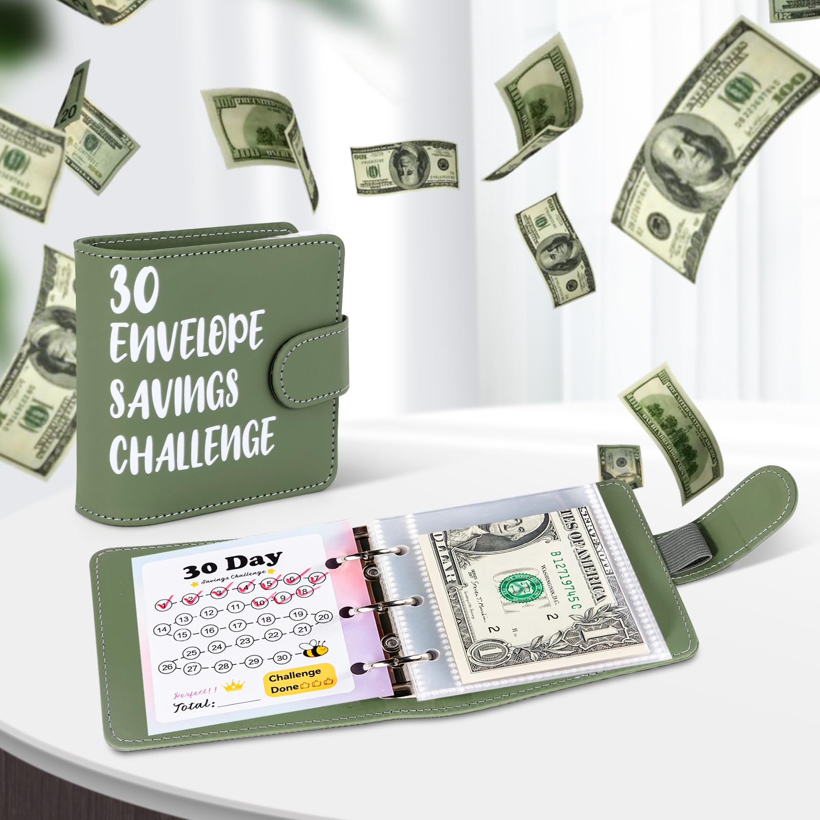 Sparbuch für Geld, 30 Tage Envelope Saving Challenge Geld Sparen Mappe mit 30 Geldumschlägen A8 Kinder Sparchallenge Budgetplaner, Geldspar Budgetordner für Kinder zum Sparen Erziehen, Grün