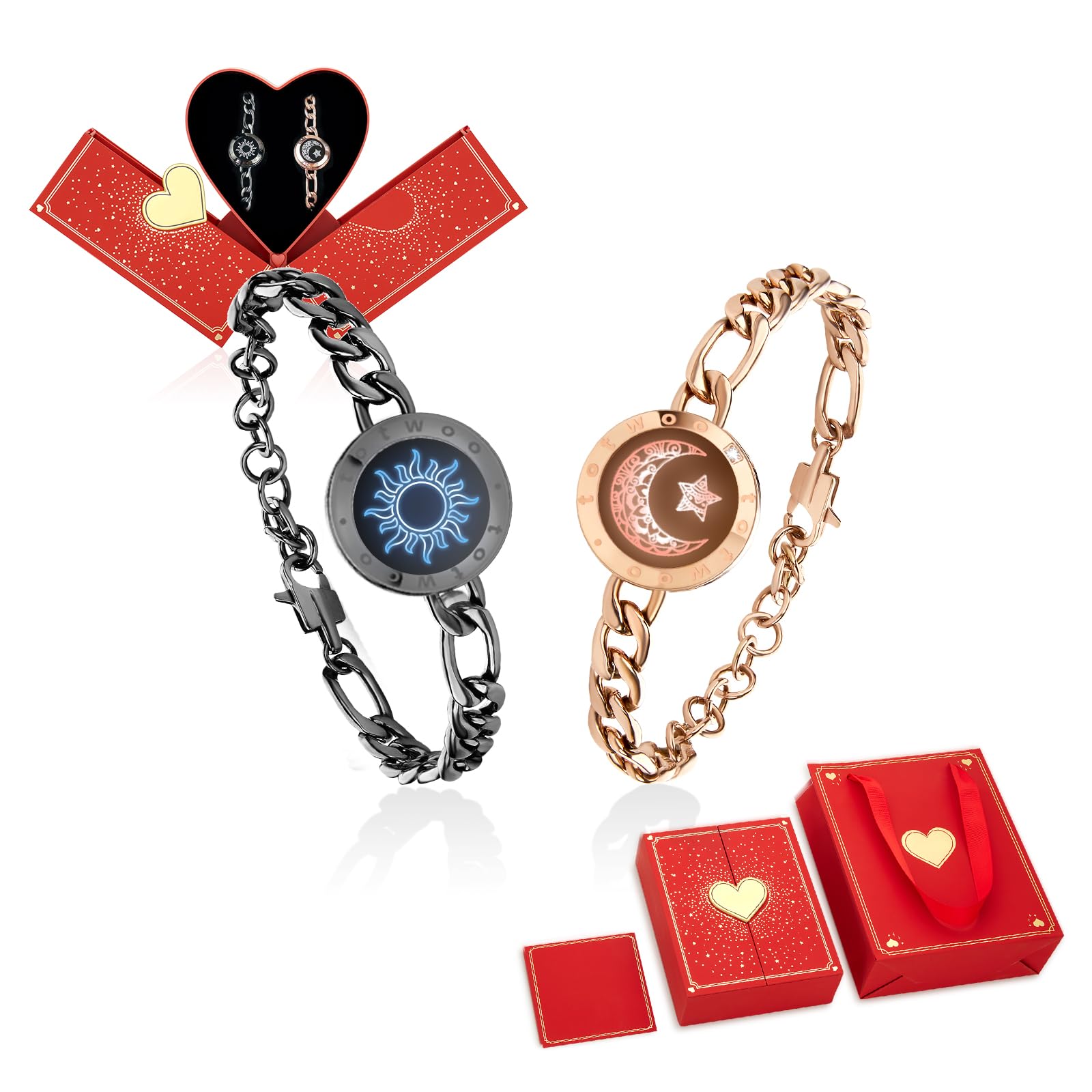 Long Distance Touch Bracelets for Couples, Smart Light & Vibration Love Jewelry, Long Distance Valentines Day Gifts for Him Her Women Men, One-to-One Bluetooth Pairing via App