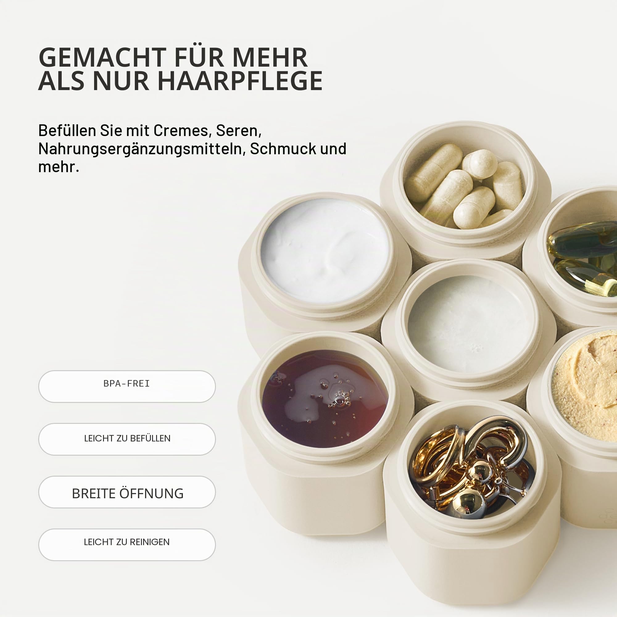 Cadence Reisebehälter Haarpflege-Kapsel-Set – magnetische Behälter mit Deckel, Reiseutensilien für Damen/Herren – 3 Flex-Medien (37,4 g) – Shampoo, Conditioner und Kamm-Symbol-Etiketten – immergrün