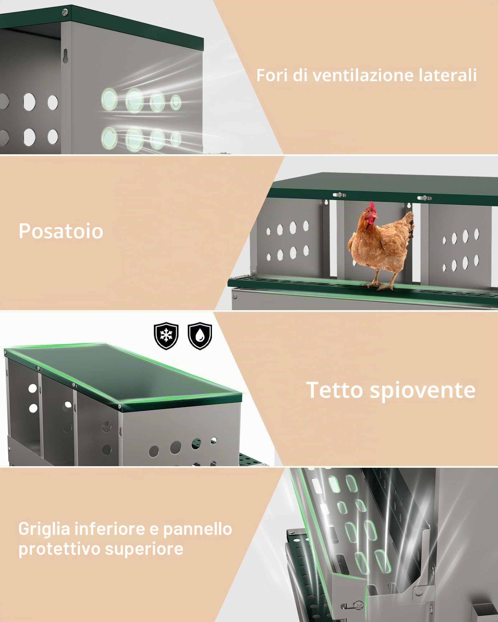 Scatola Nido Per Galline in Metallo Zincato - 6 Scomparti Con Asta Posatoio - Vassoio Raccolta Uova e Uova Finte Per Addestramento - Antiruggine - Ideale Per Pollai Esterni