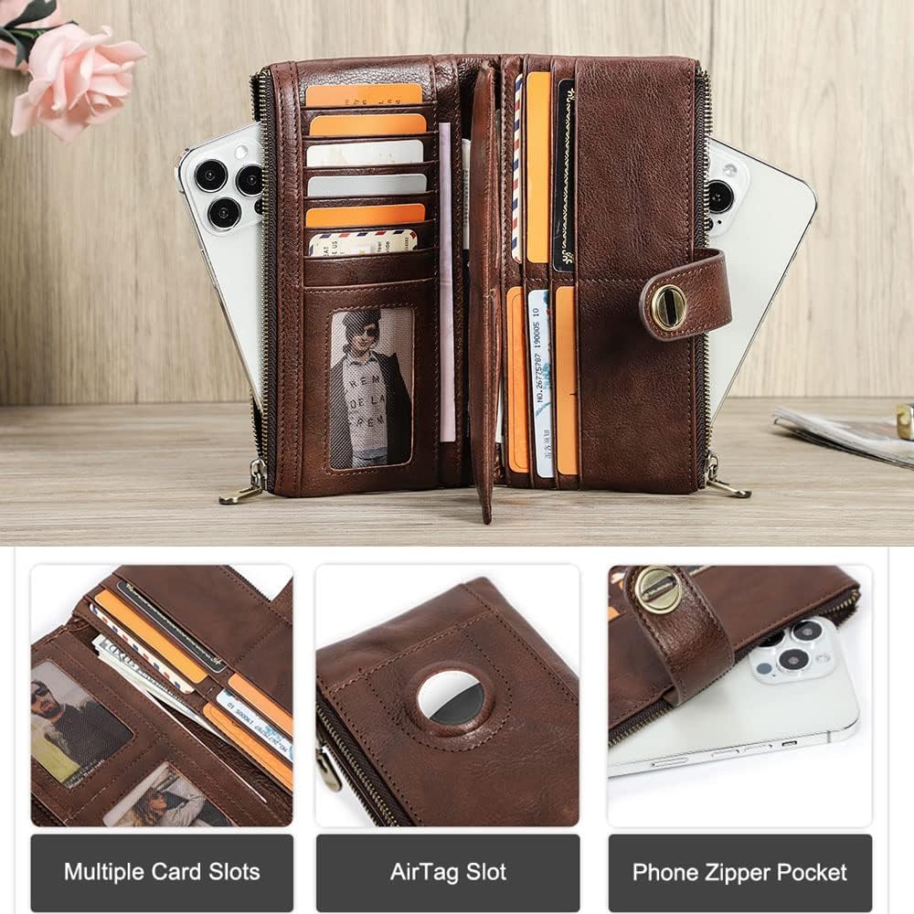 CONTACTS Full Grain Leather Turnlock Wallet for Women Double Zipper Clutch Purse Compatible with AirTag Phone Organizer Rfid Wallet with 18 Card Slots (Brown)