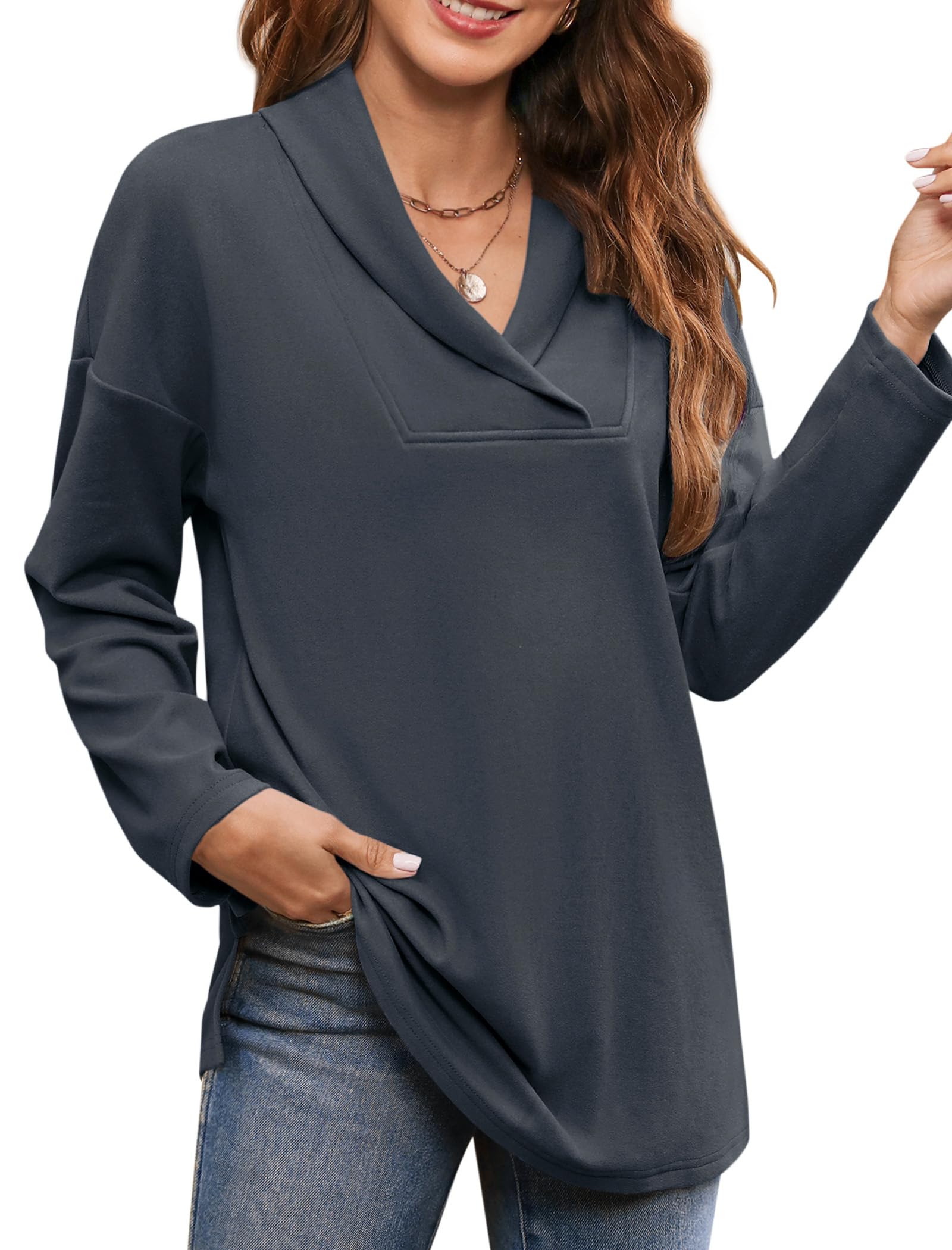 Women's Long Sleeve Tops Fall Shawl Neck Tunic Tops for Leggings Casual Blouse Sweatshirt