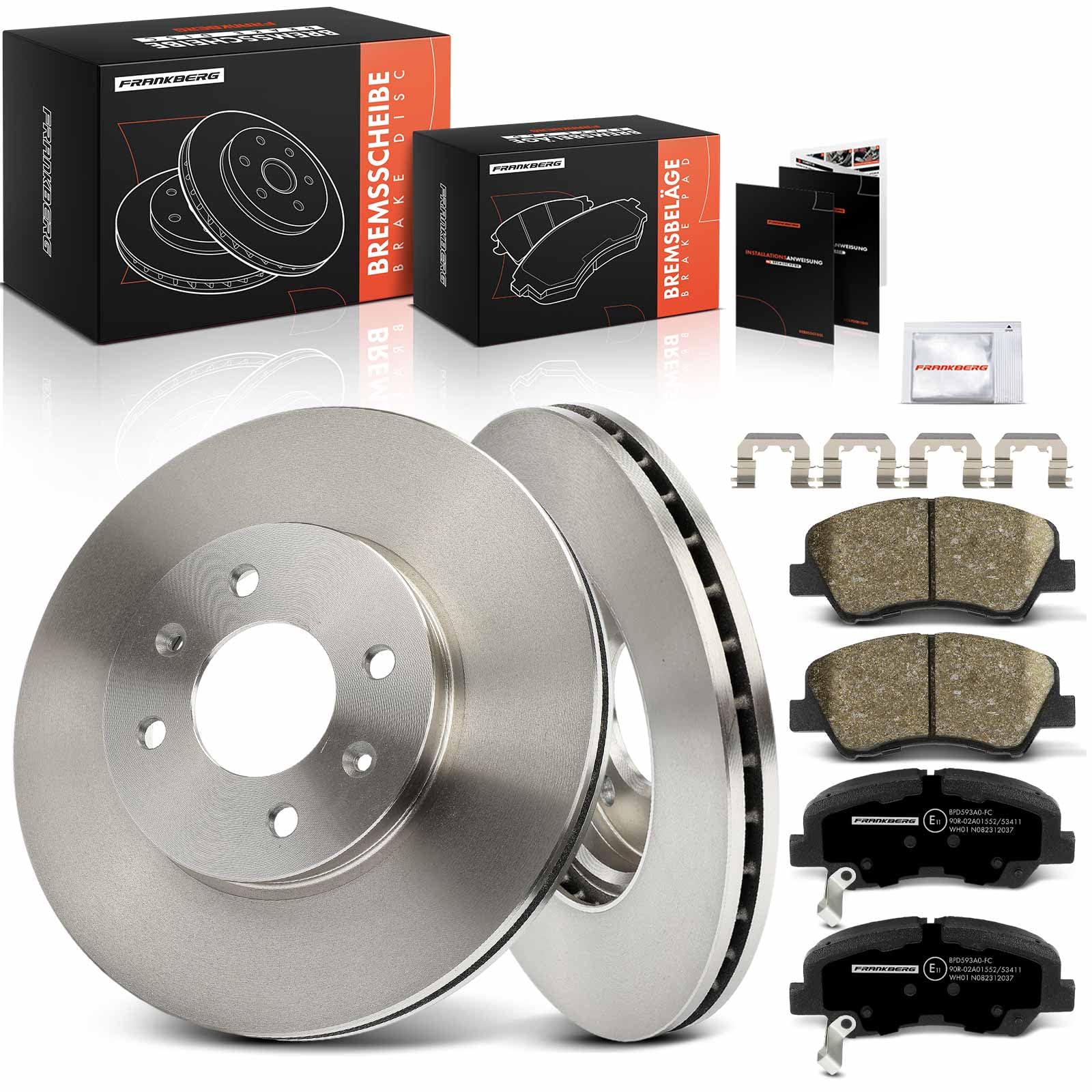 Frankberg 1 set freni incl. 2 dischi freno + 4 pastiglie freno anteriori | 58101C8A50, 58101C8A00; Compatibile con: Rio III UB, i20 GB IB, Rio IV FB SC YB, i20 Coupé GB, i20 Active GB IB