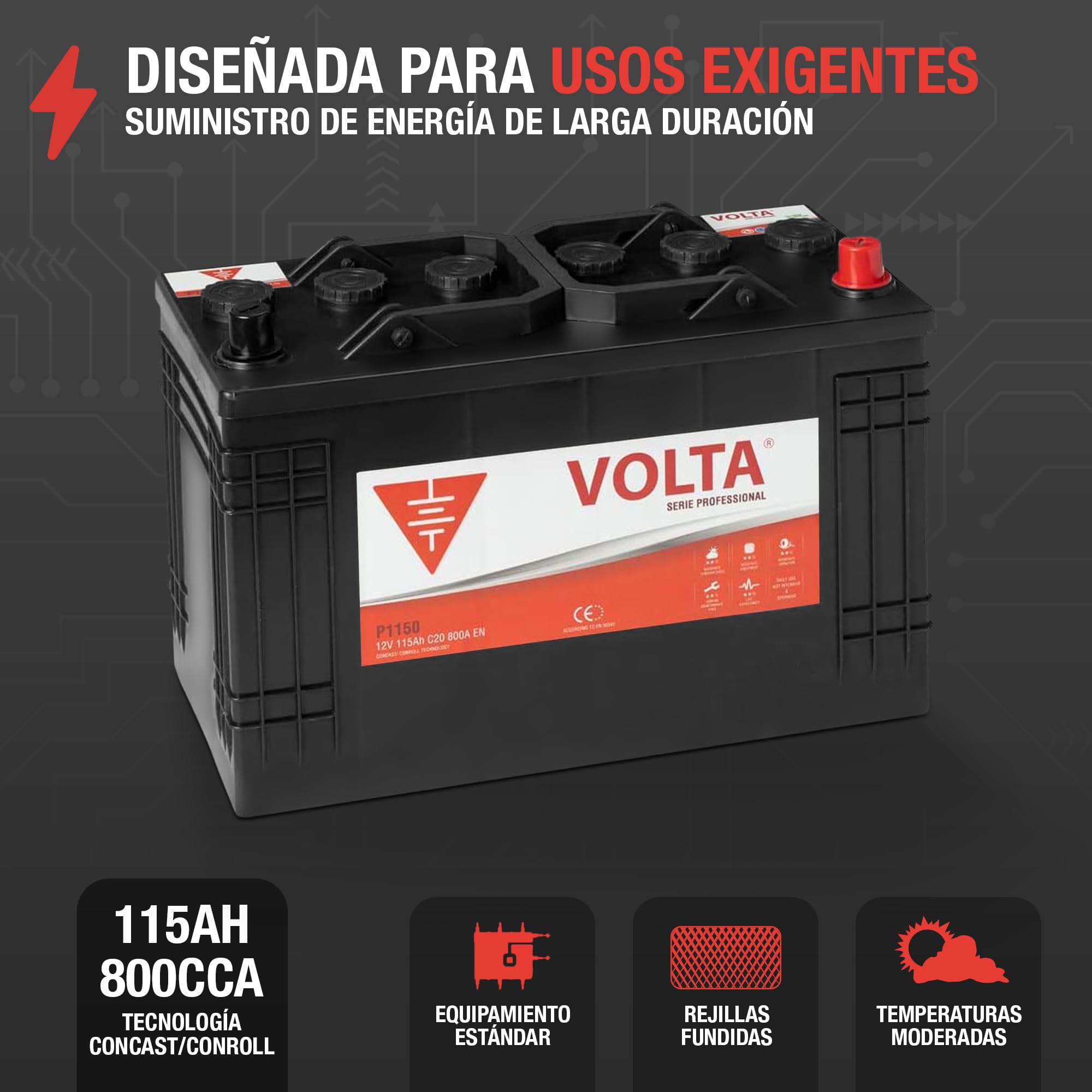 Bateria de Camión Professional 115Ah 800A - Borne +Dcha - Medidas Largo 345 x Ancho 175 x Alto 238 mm con 2 años de Garantía - Fabricación Europea.