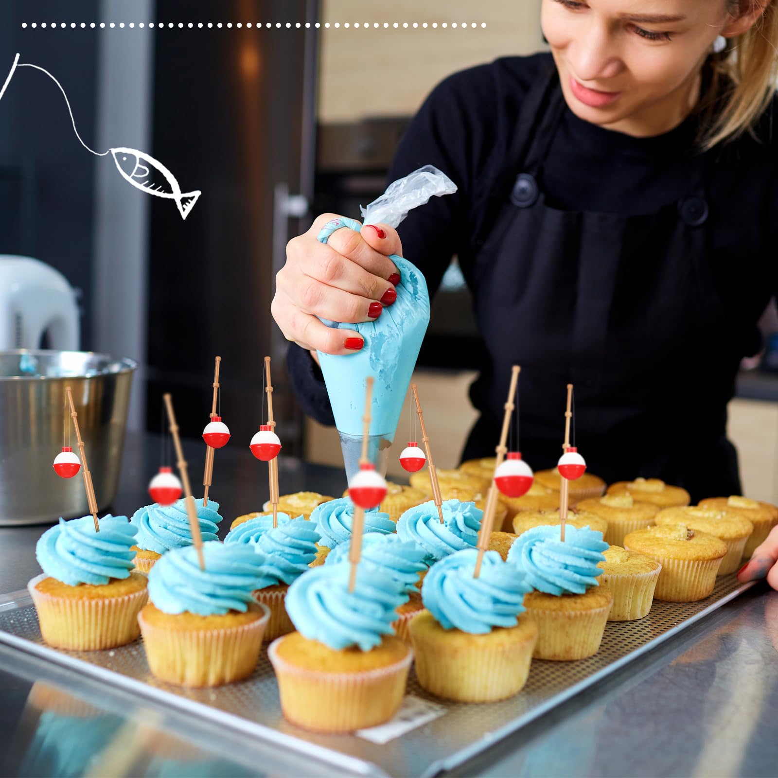 Reallnaive 24 Pcs Fishing Float Cupcake Toppers Fisherman Pole Picks Party Supplies Bulk, 3D Fish Bobber Push Button Round Buoy Floats for Fishing Birthday Party Decorations(Bobber) : Grocery & Gourmet Food