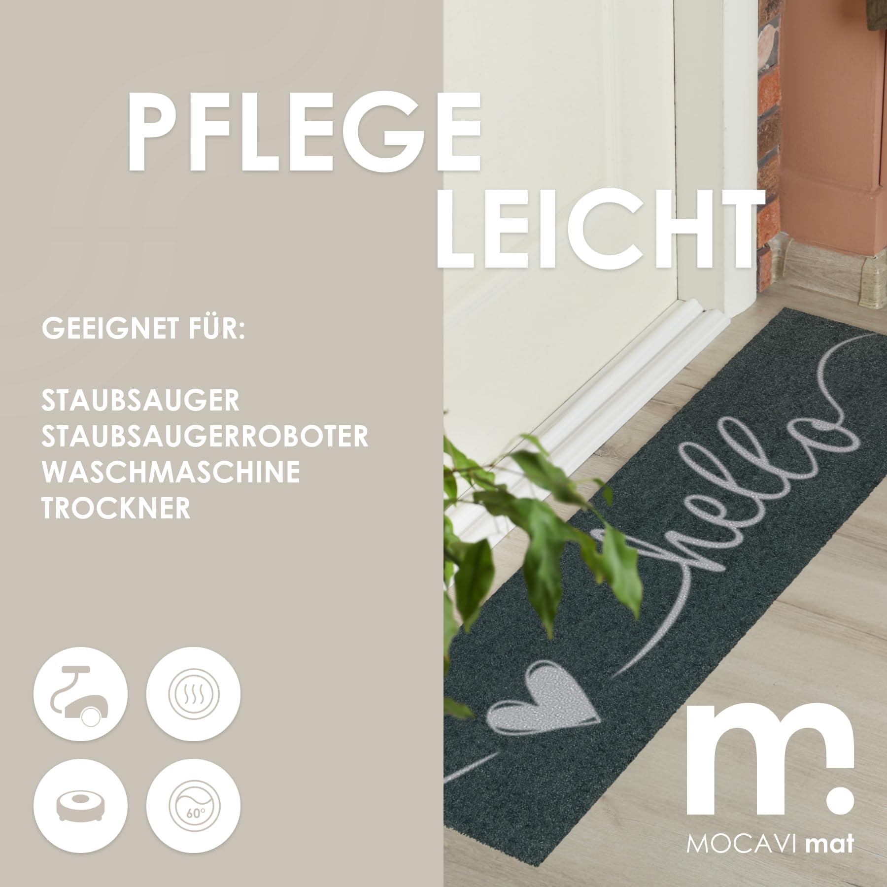MOCAVI Mat Fußmatte Schuhparkplatz 30x100 cm waschbar Hello Herz Schuh-Teppich lang, schmal, Schuhe ausziehen, Deko sbereich innen, außen, Matte, Haustür, Stiefelmatte